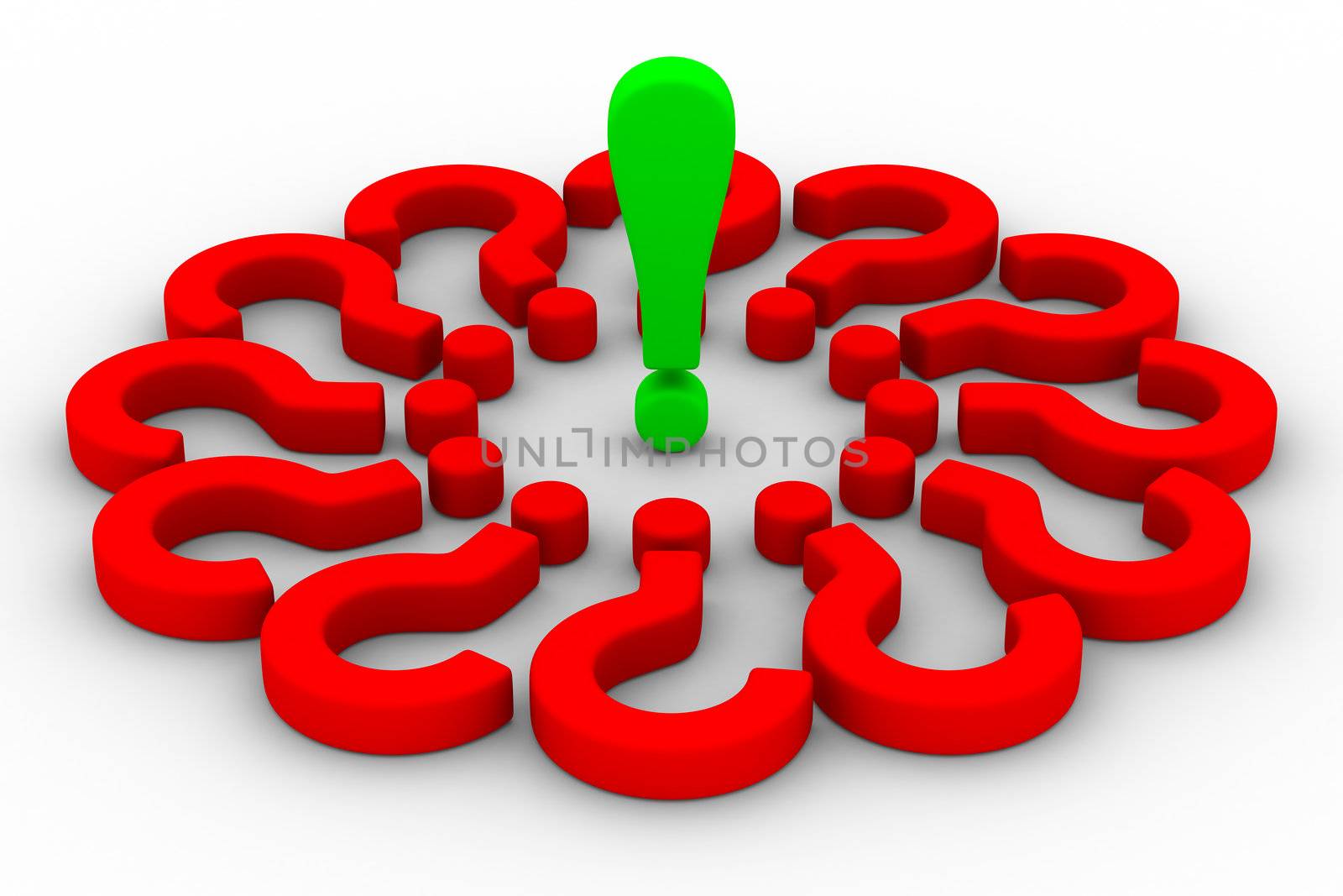 Questions round exclamation mark. Isolated 3D image