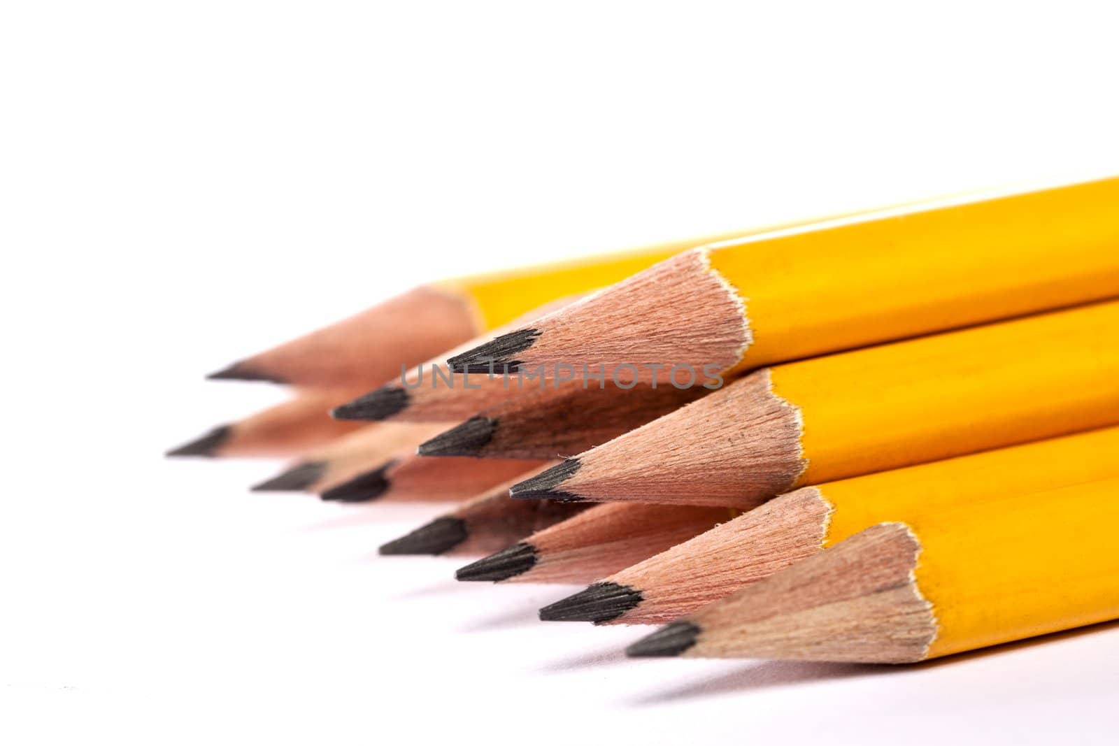Close up view of a bunch of yellow pencils isolated on a white background.