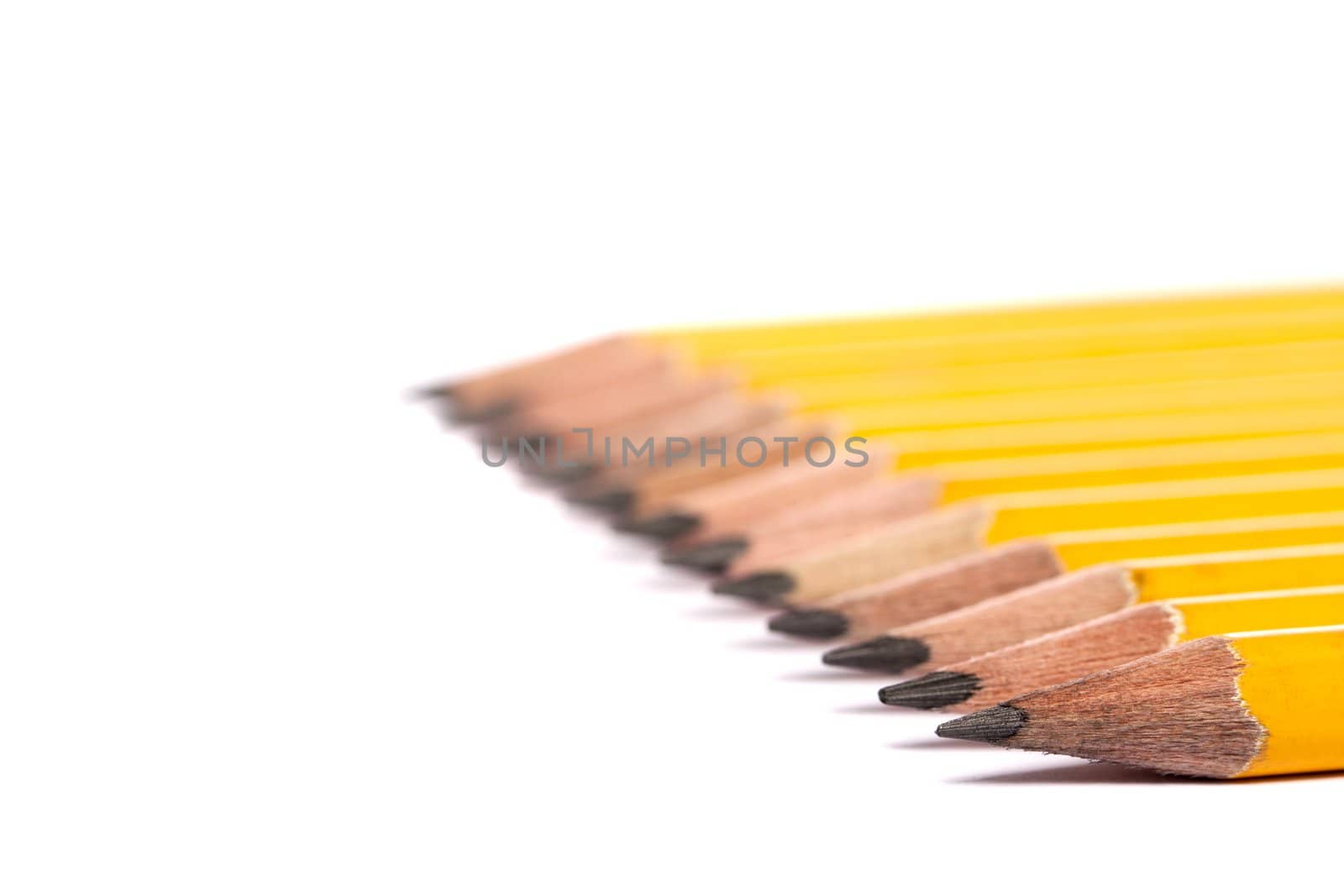 Close up view of a bunch of yellow pencils isolated on a white background.