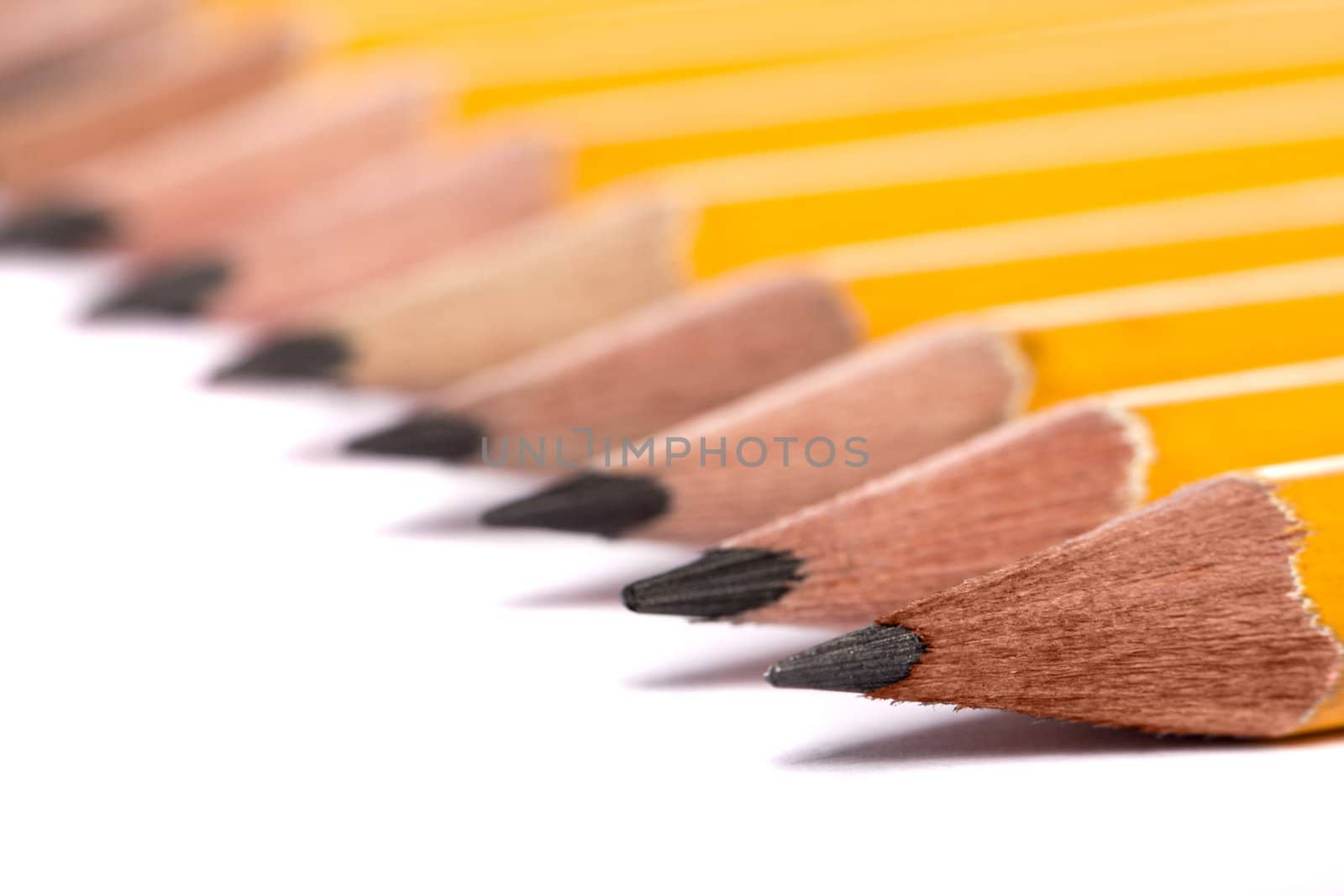 Close up view of a bunch of yellow pencils isolated on a white background.