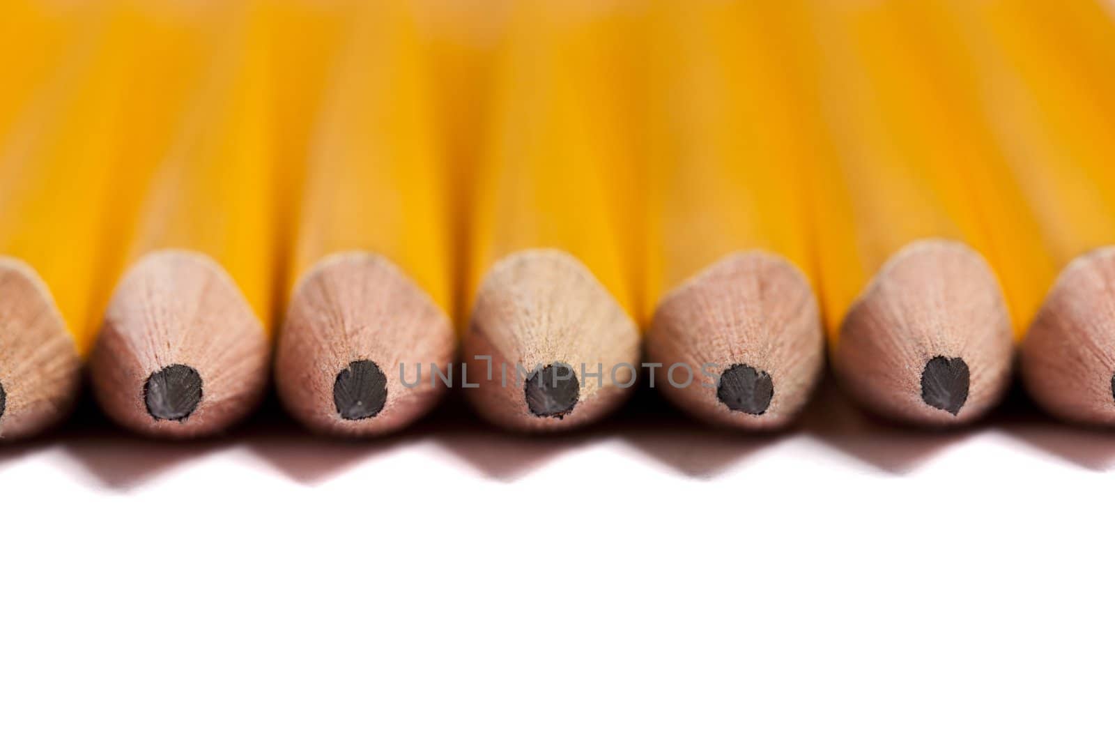 Close up view of a bunch of yellow pencils isolated on a white background.
