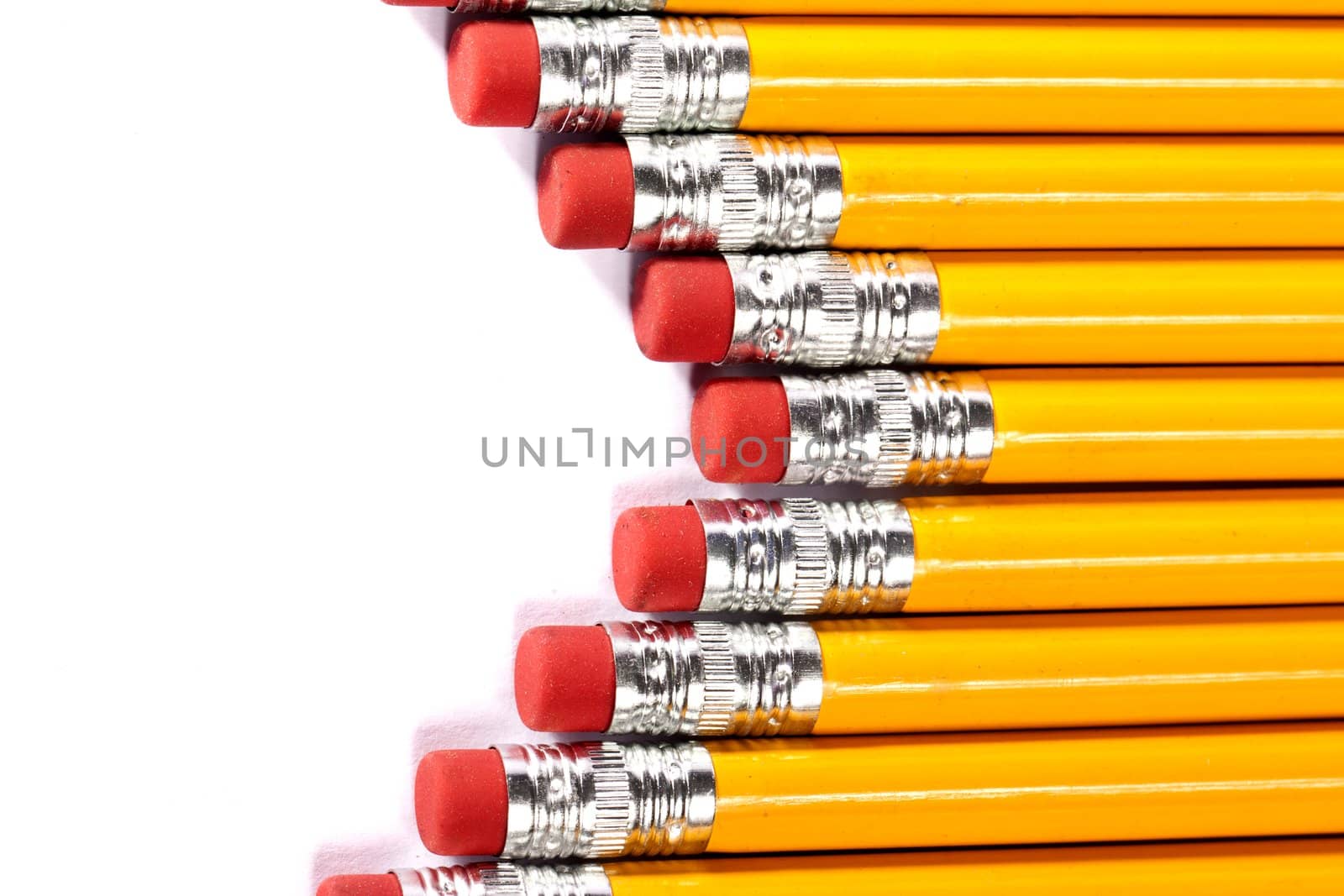 Close up view of a bunch of yellow pencils isolated on a white background.