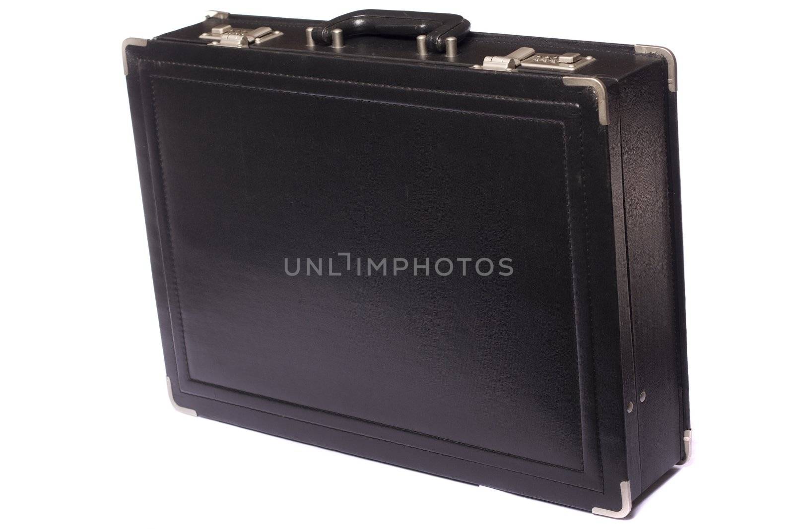 Close up view a modern black business briefcase isolated on a white background.