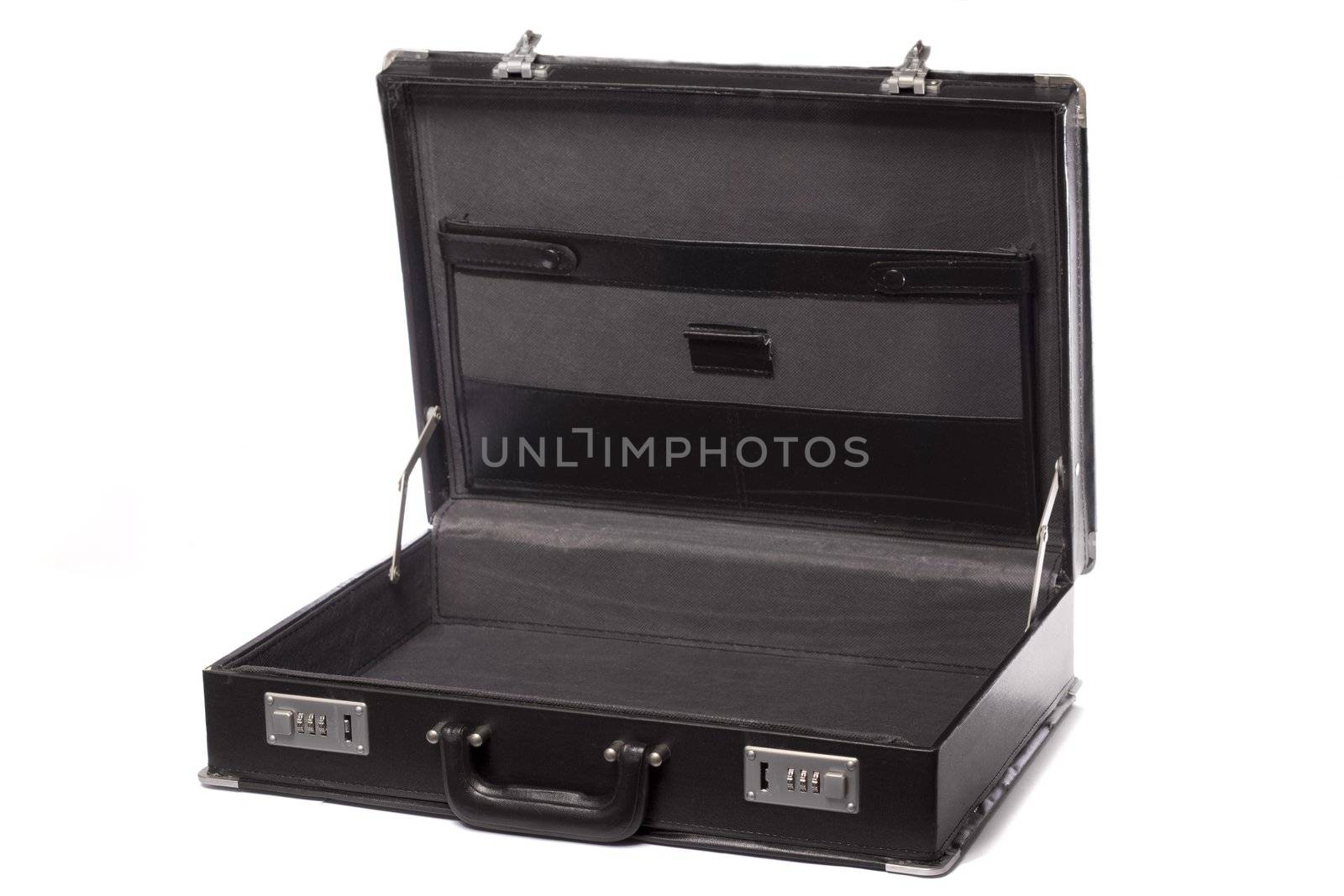 Close up view a modern black business briefcase isolated on a white background.