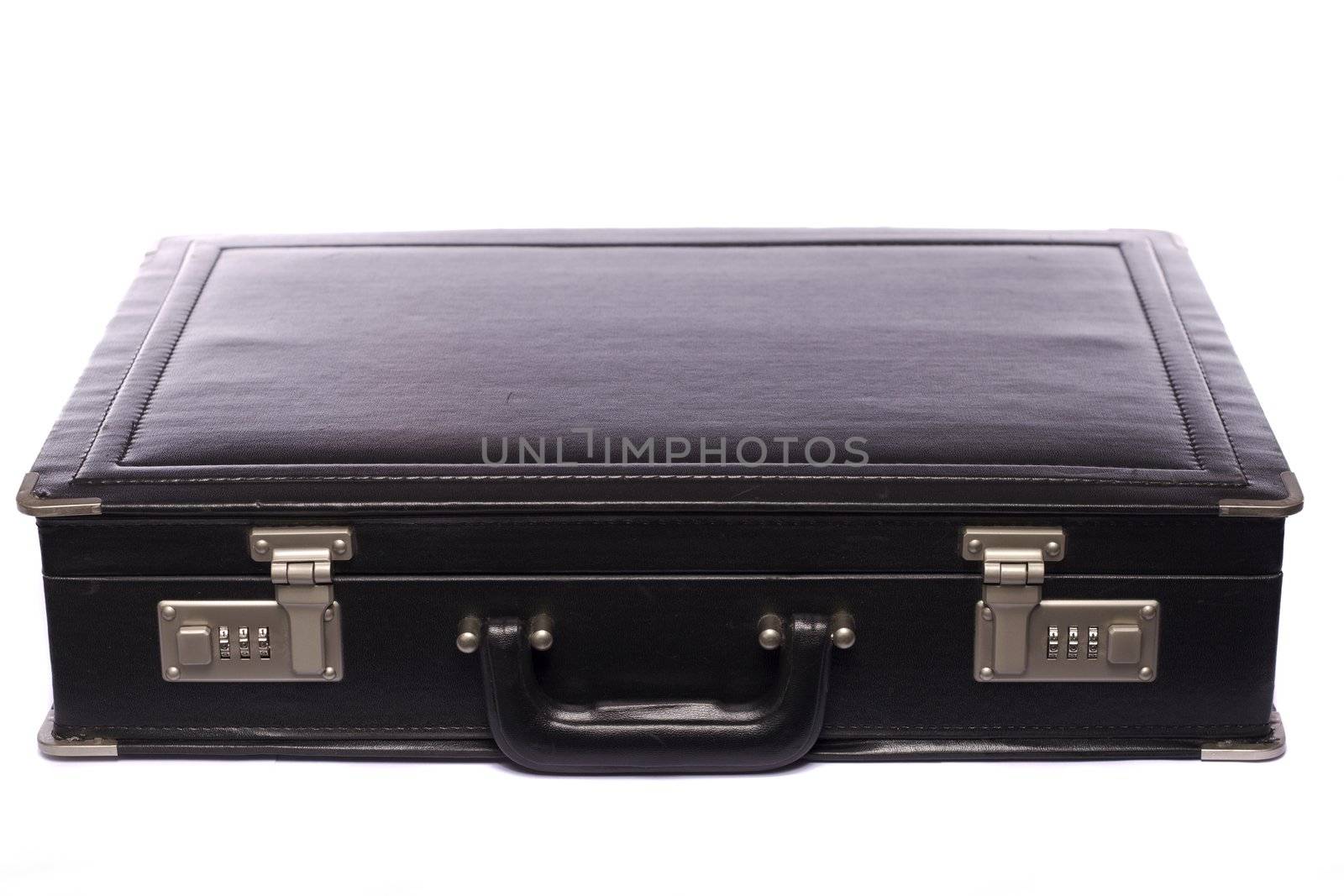 Close up view a modern black business briefcase isolated on a white background.