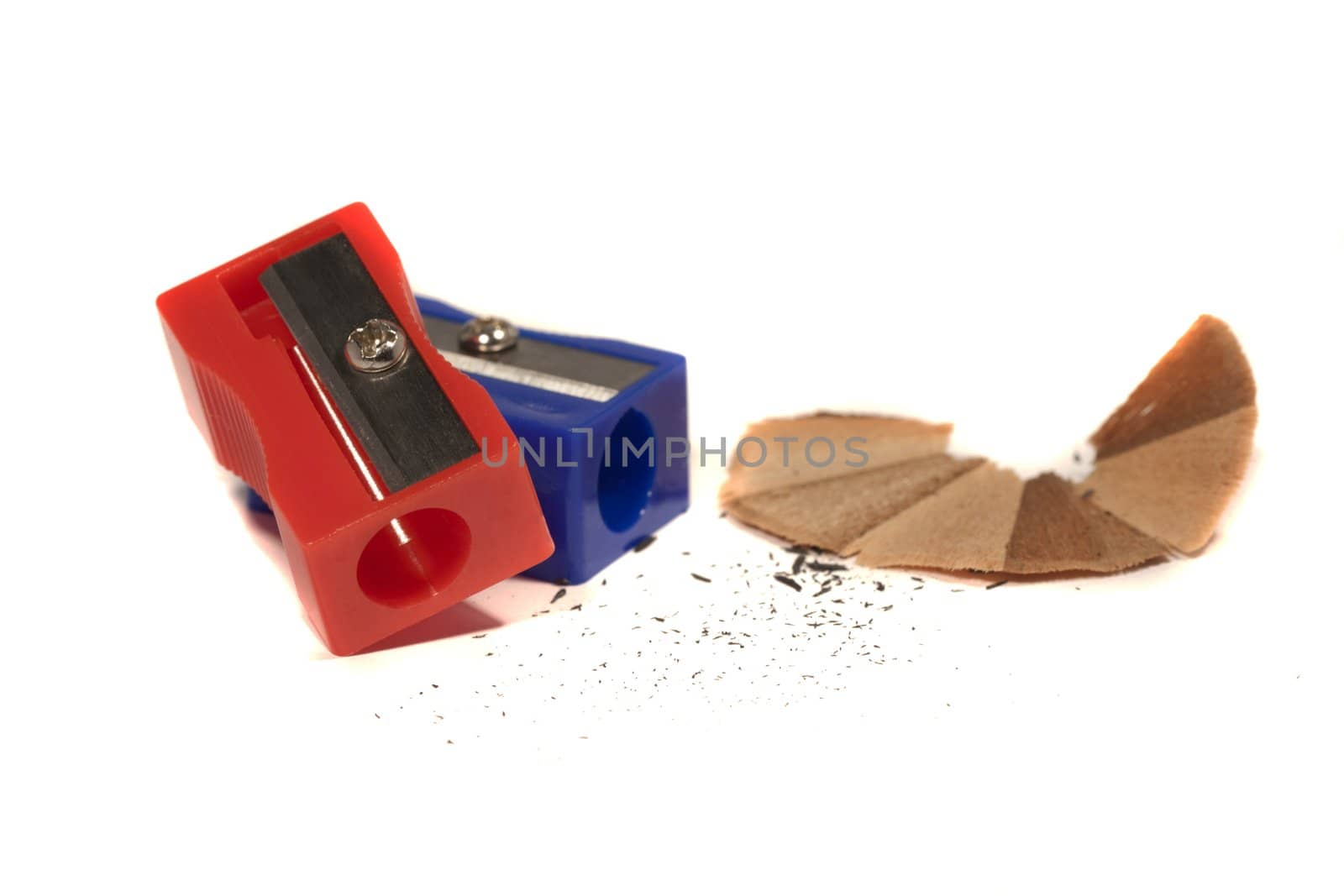 Close view detail of pencil sharpeners isolated on a white background.