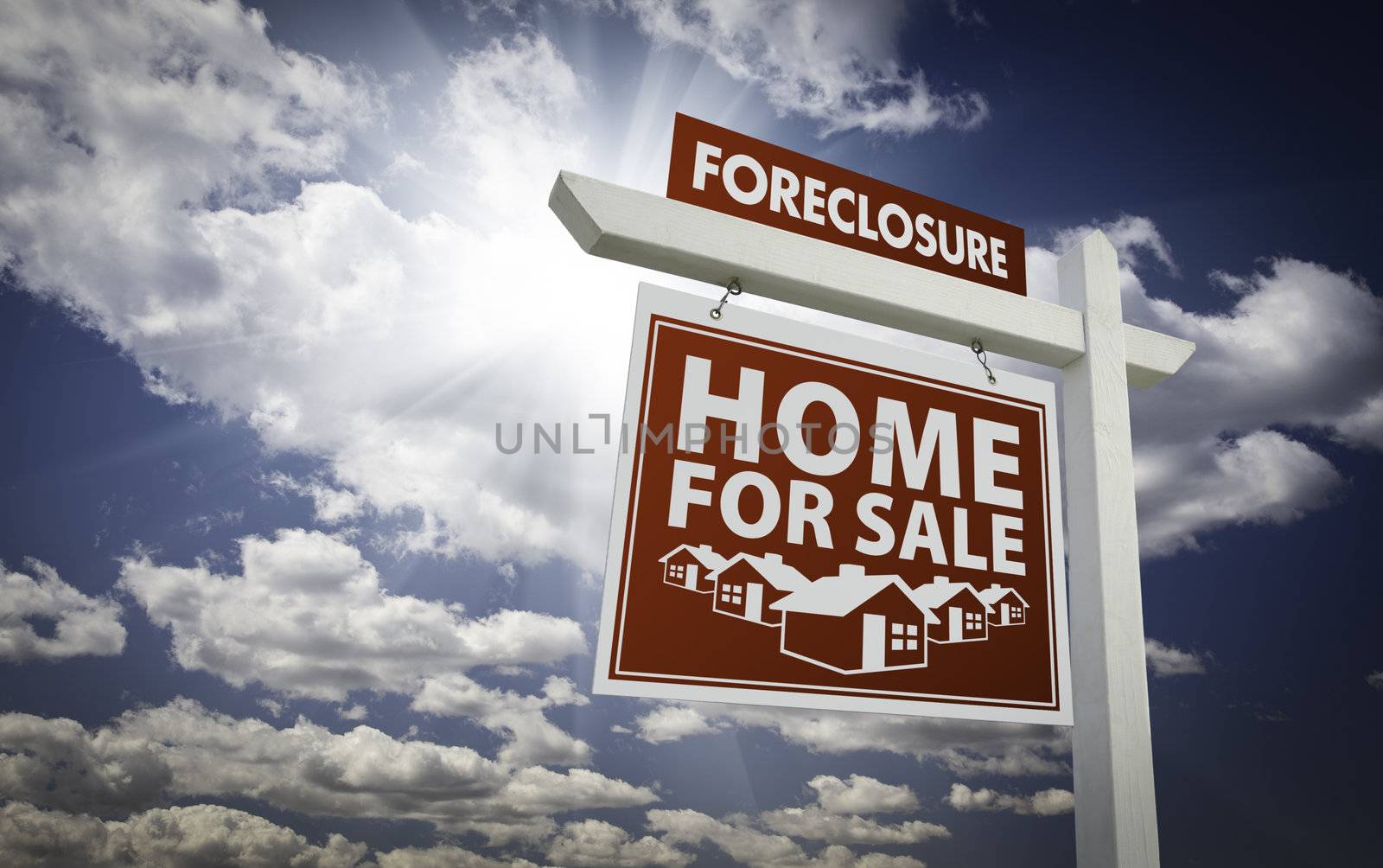 Red Foreclosure Home For Sale Real Estate Sign Over Beautiful Clouds and Blue Sky.