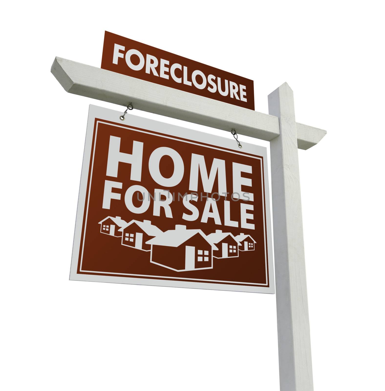 Red Foreclosure Home For Sale Real Estate Sign Isolated on a White Background.