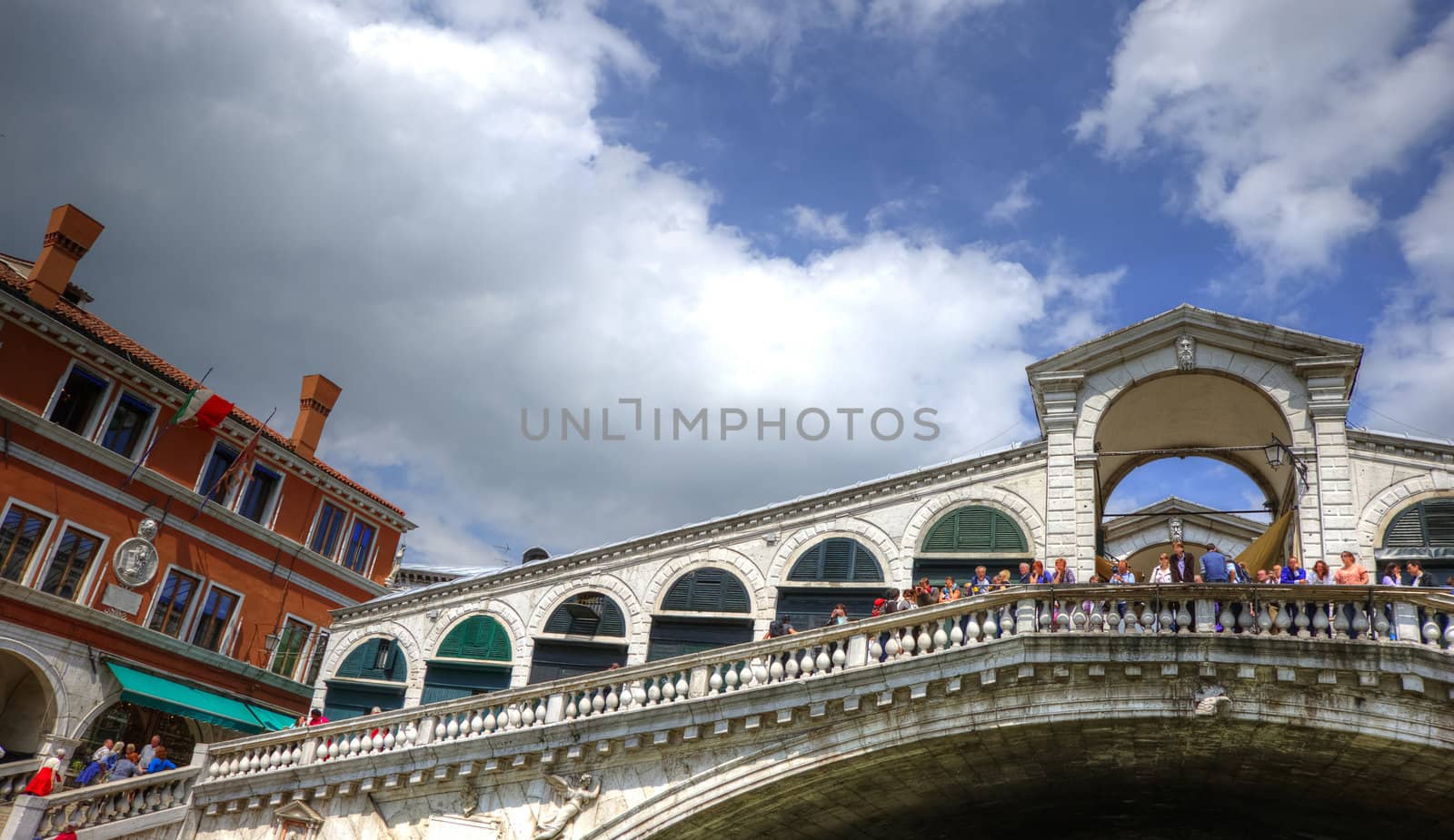 Gondola view of Rialto Bridge in Venice Italy