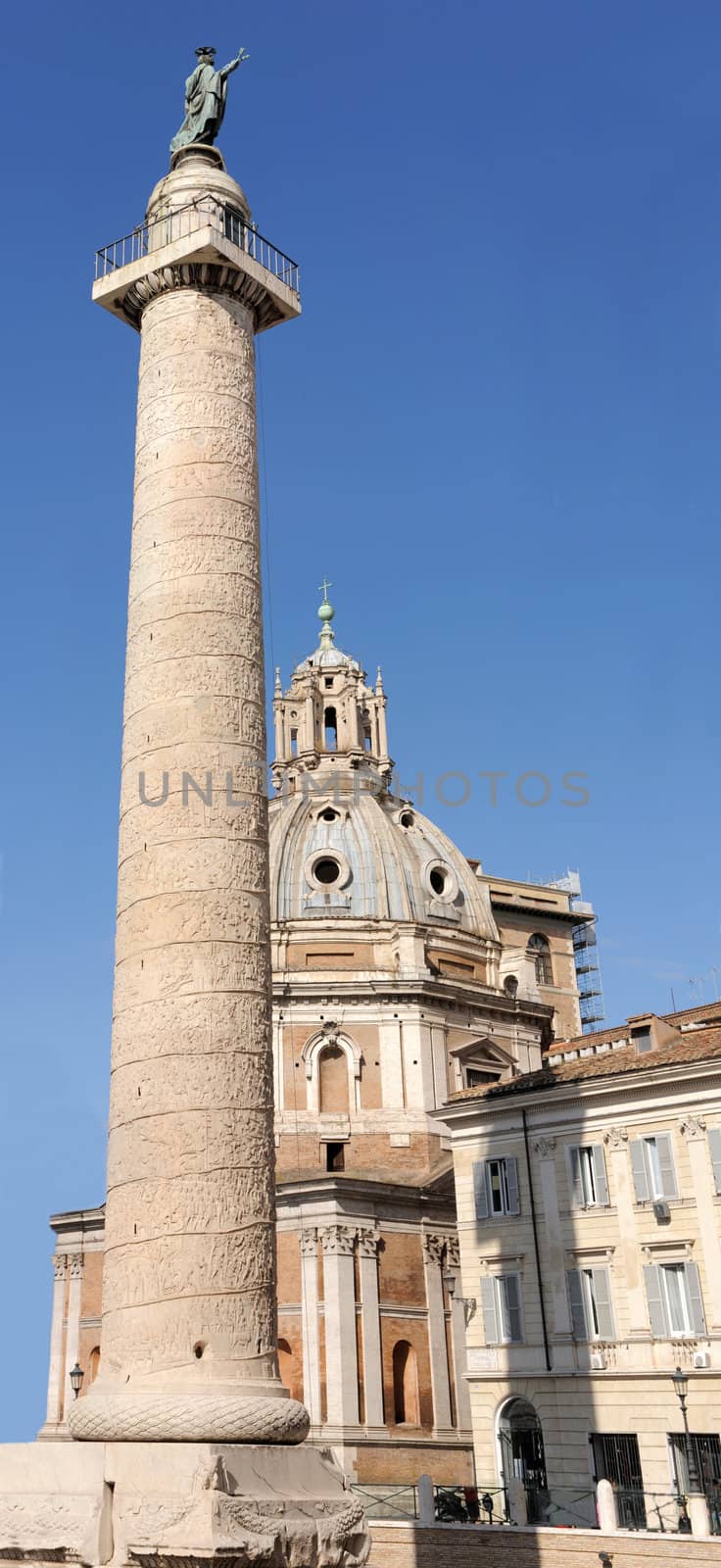 details of Traian column and Santa Maria di Loreto in Rome, Italy