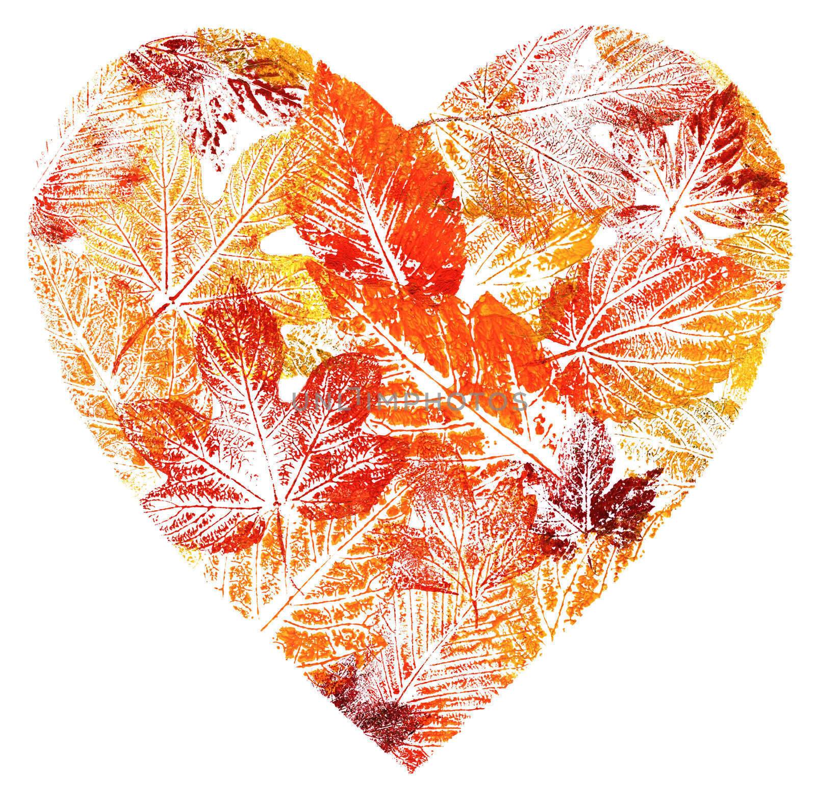 Valentine red heart from leaves, handmade, watercolour drawing on a paper, isolated on the white