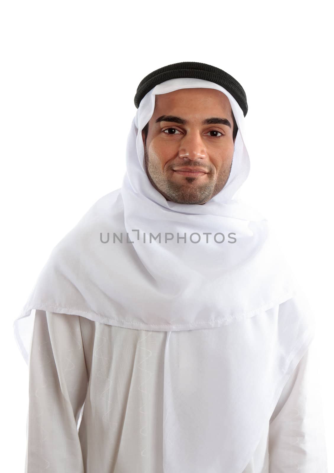 An arab or middle eastern ethnic man smiling.  White background.