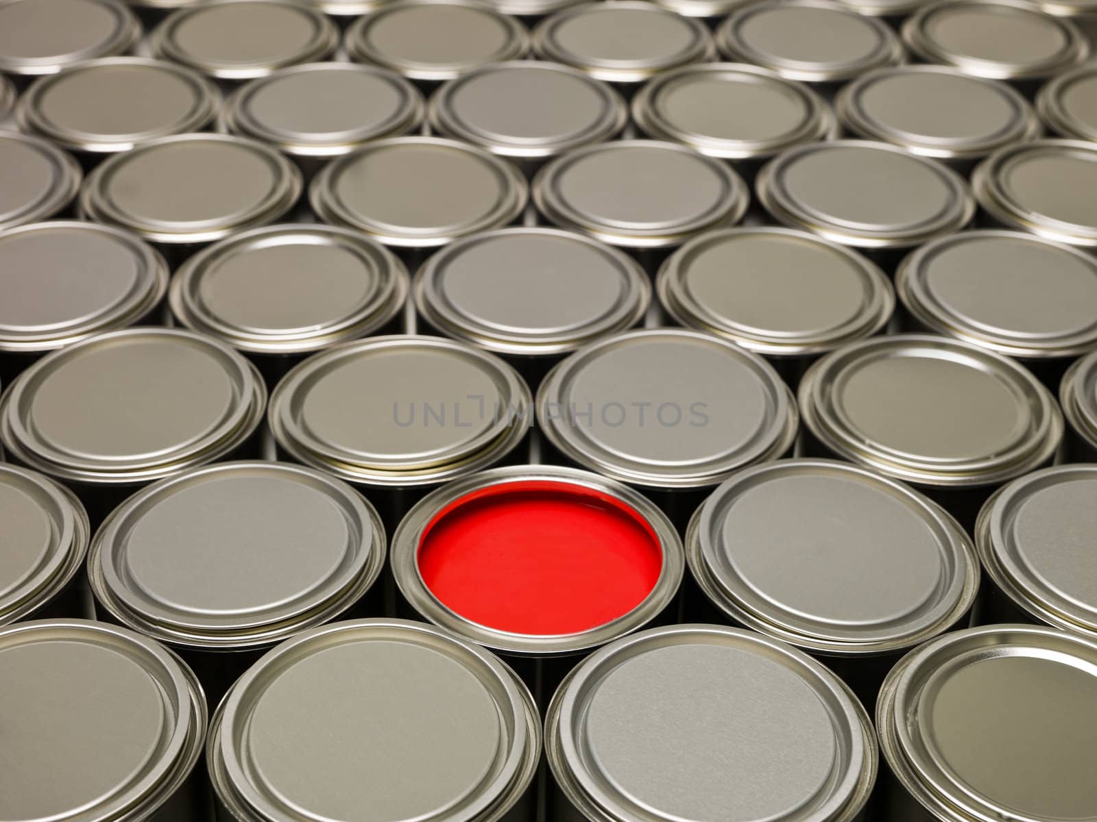 Full Frame of Paint Cans, one filled with red paint