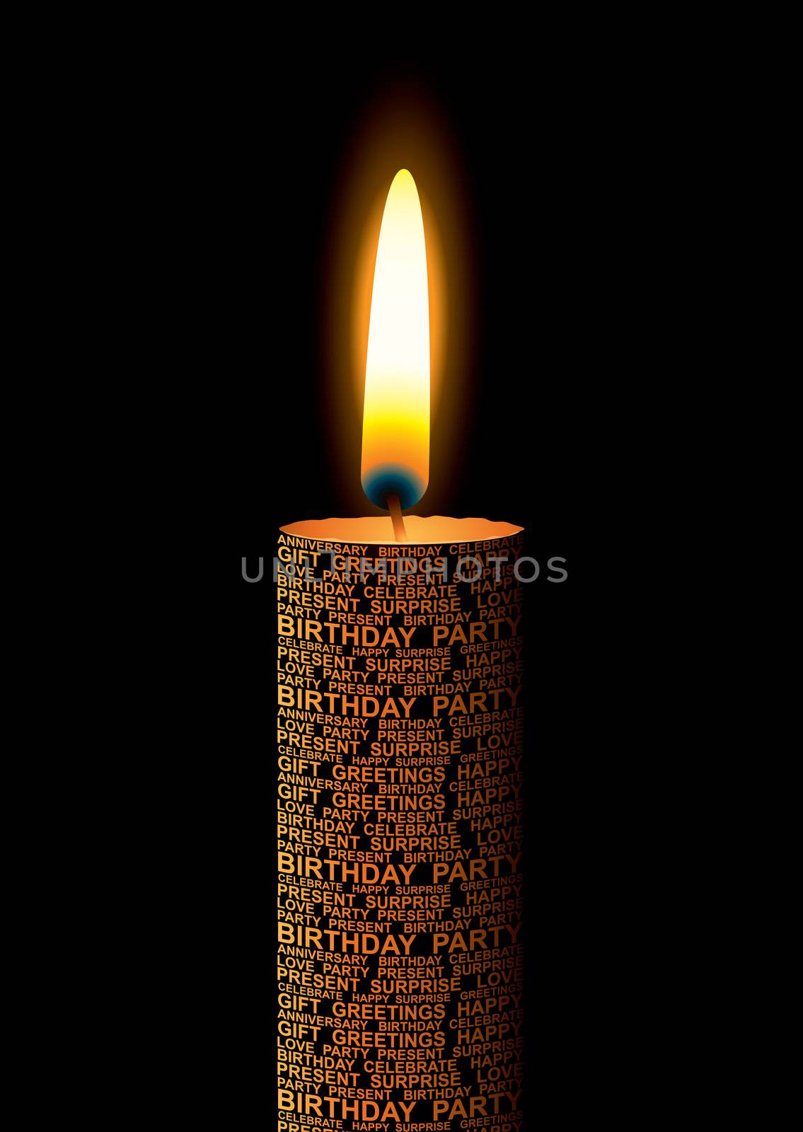 Orange birthday candle with text and bright flame