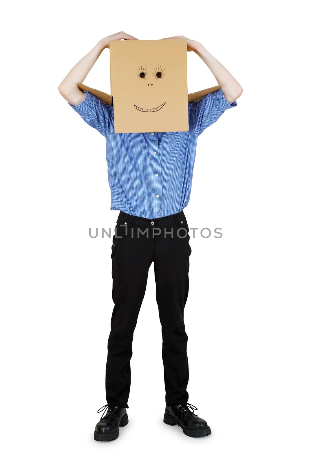 Funny man put on his head a box with a painted smile
