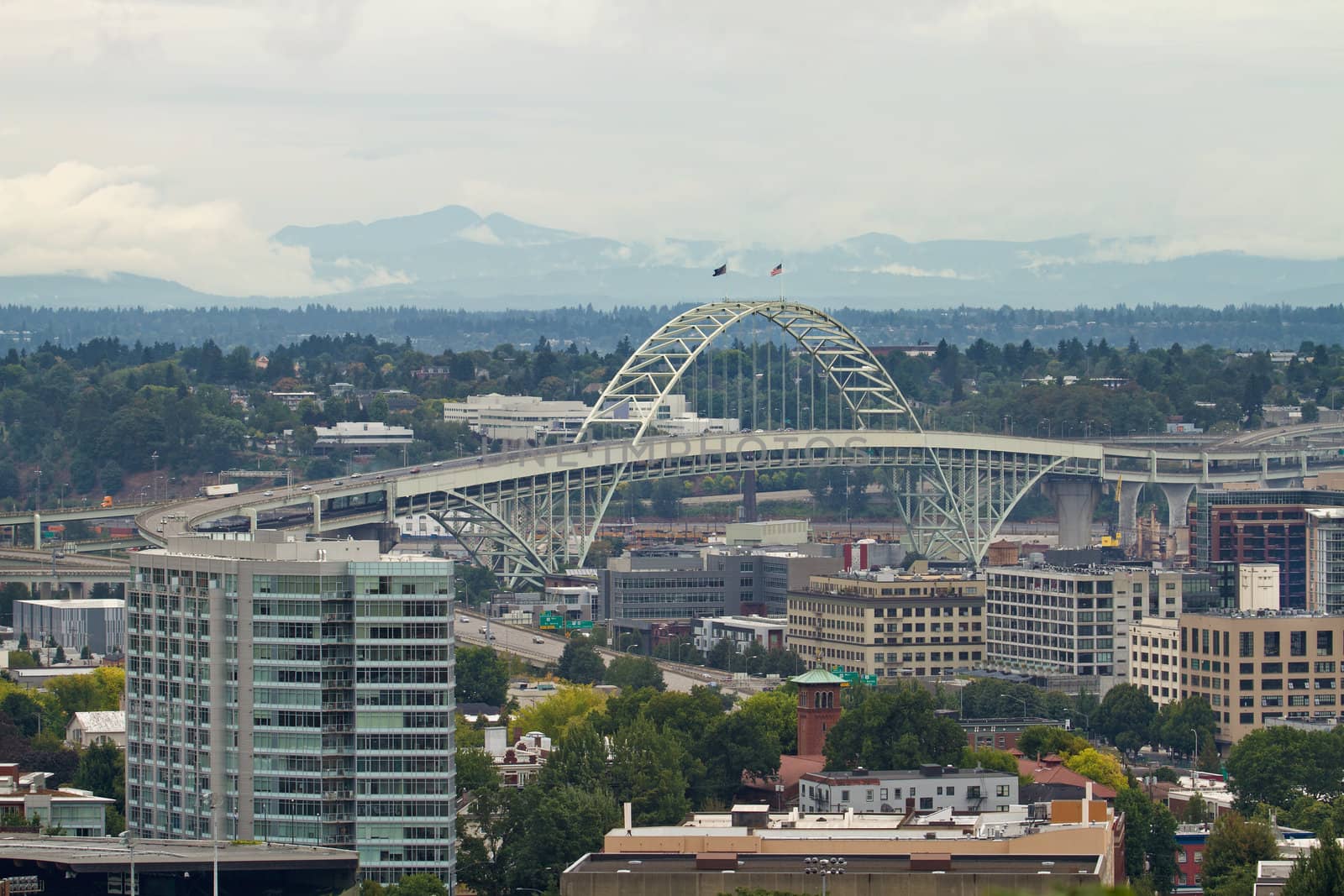 Fremont Bridge over Willamette River and Industrial Area in Portland Oregon