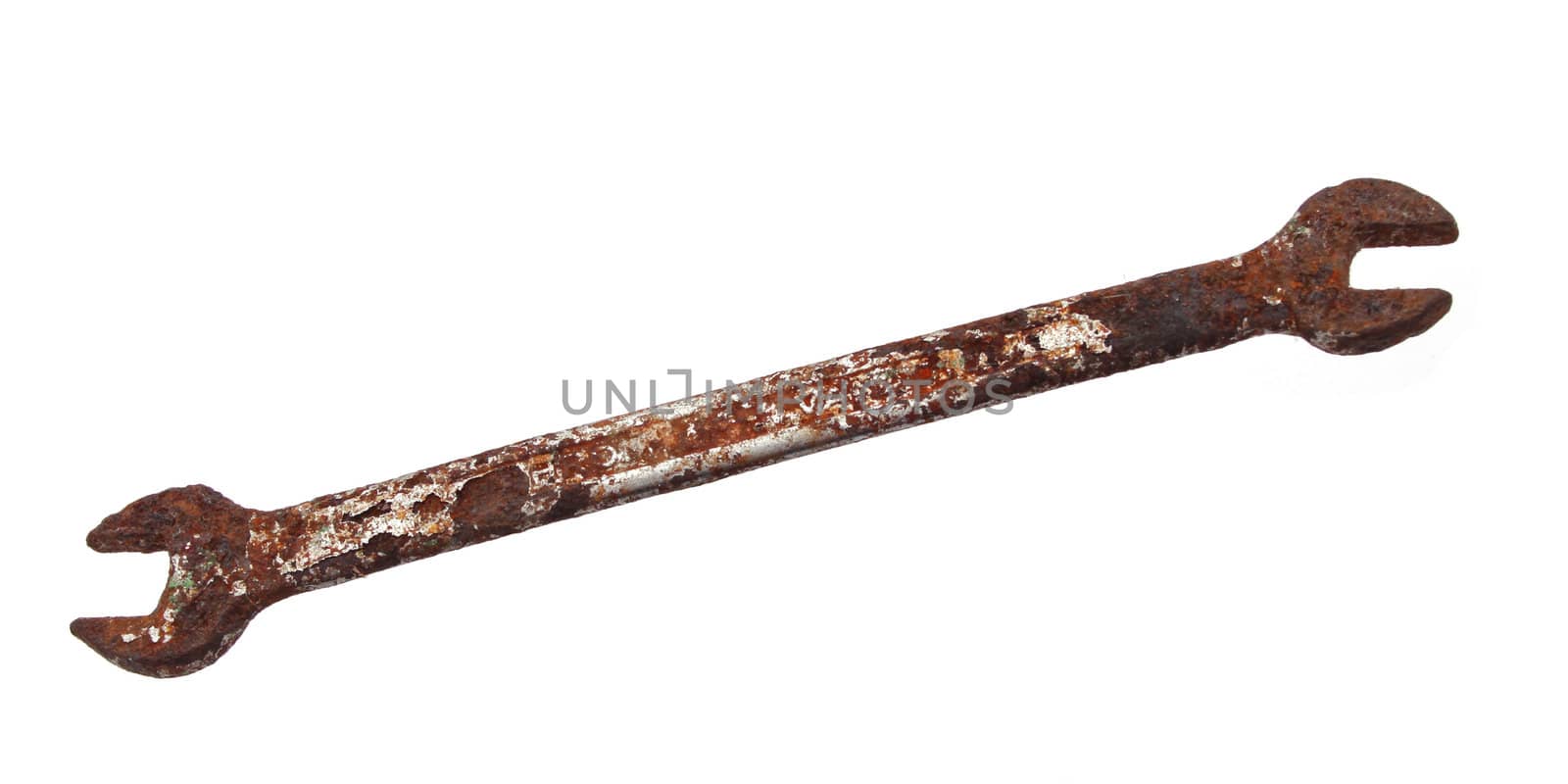 Rusty spanner on a plain white background.