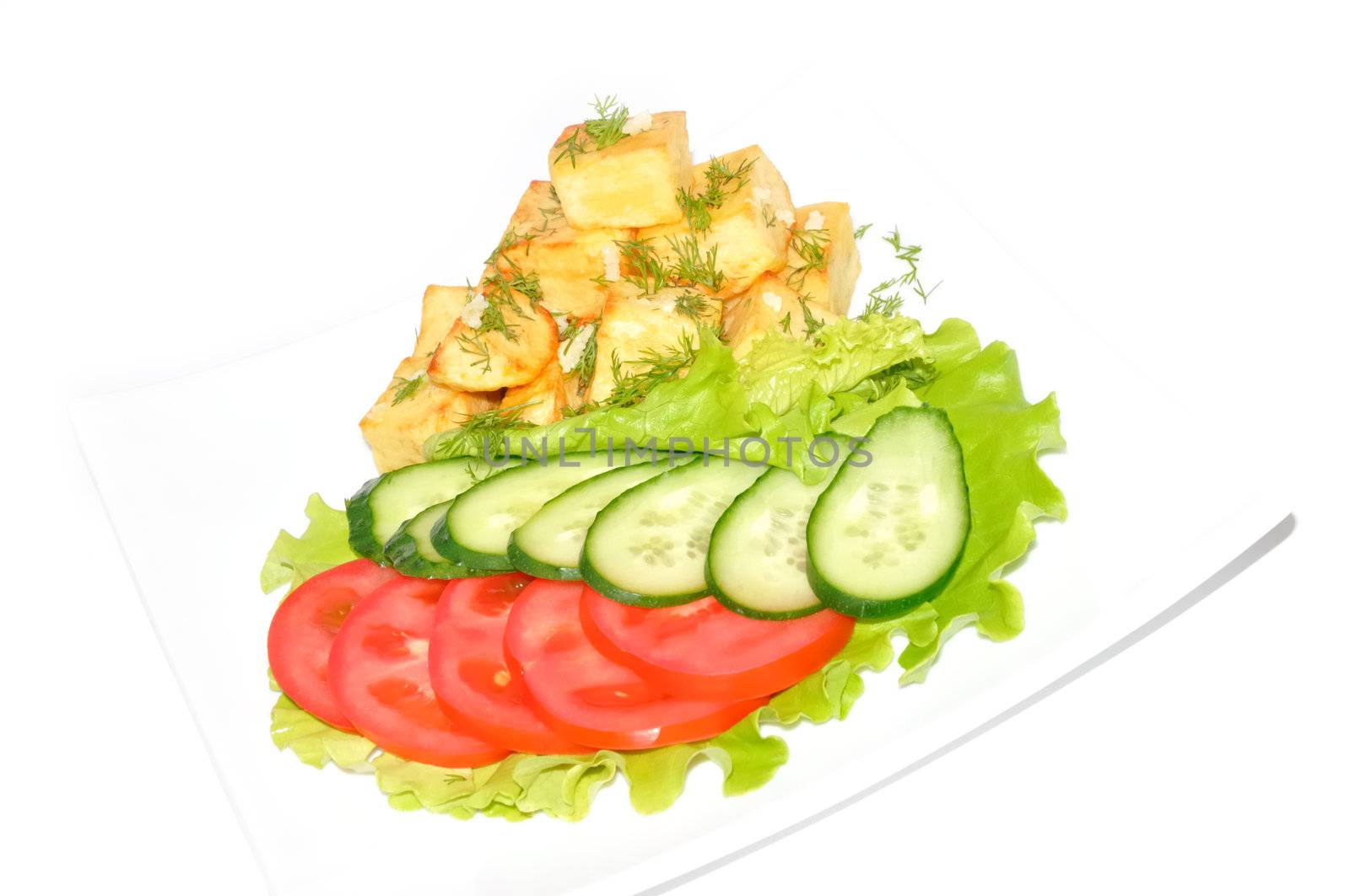  Potato country style with dill and garlic, fresh vegetables on white background