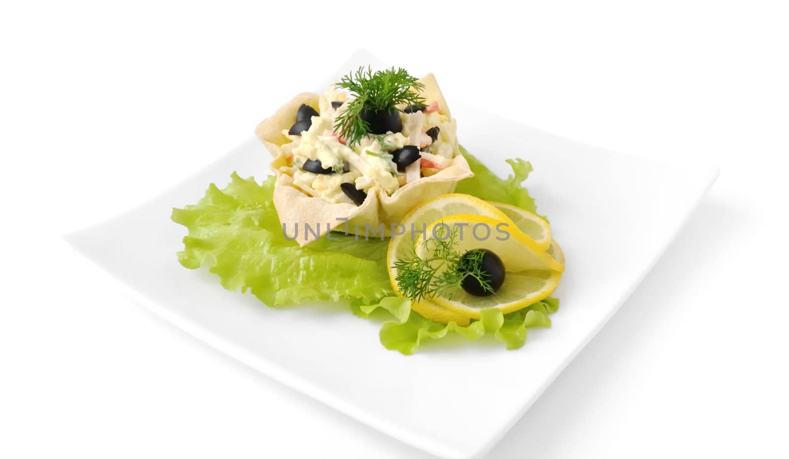 Salad with crab meat in a basket by Apolonia