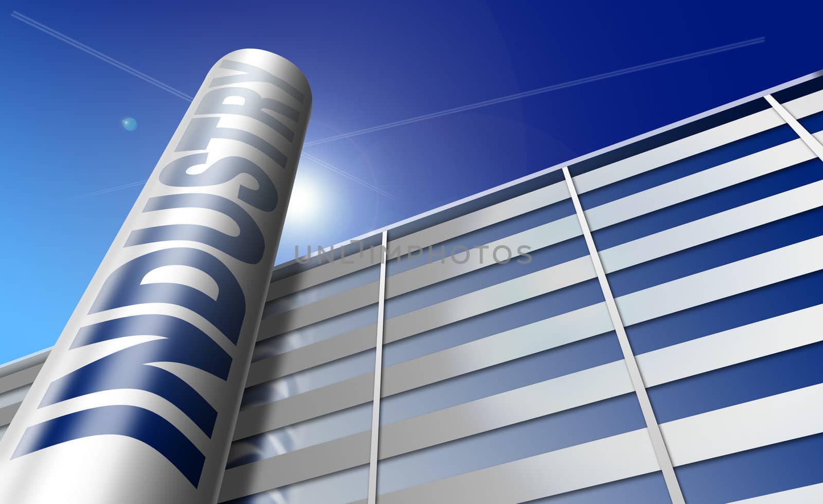 Illustration of a generic industrial building on a background of the blue sky, written industry on the smokestack