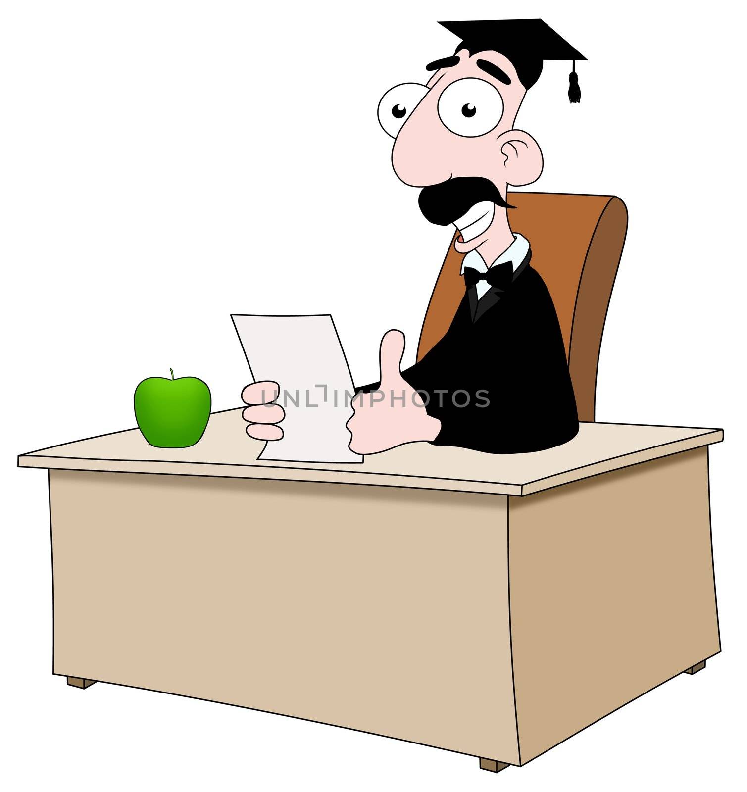 Illustrated cartoon teacher sitting behind a desk