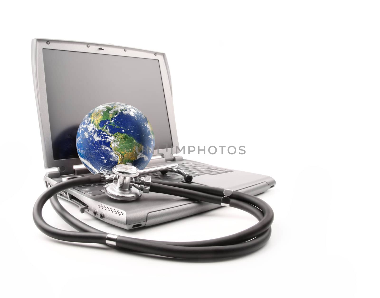 Stethoscope on laptop keyboard with earth on white by Sandralise