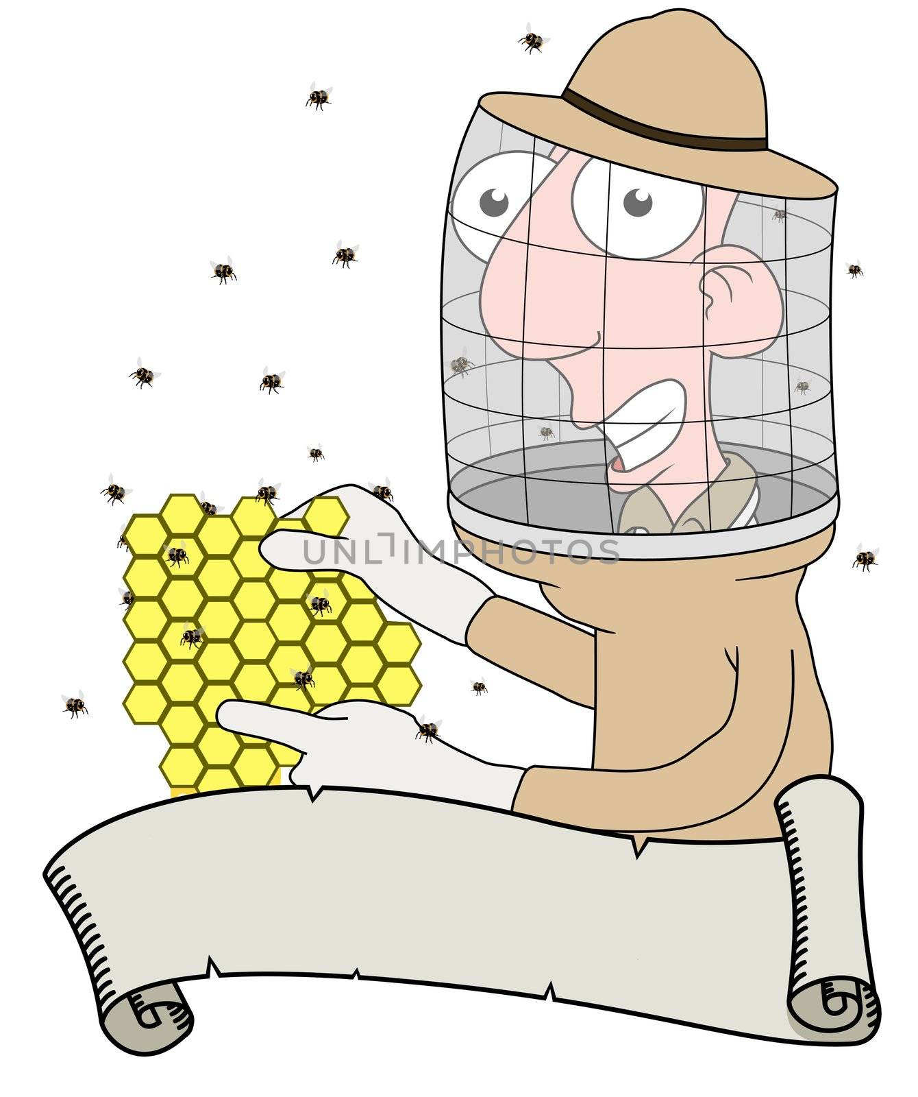 Cartoon illustration of a Bee keeper behind a scroll