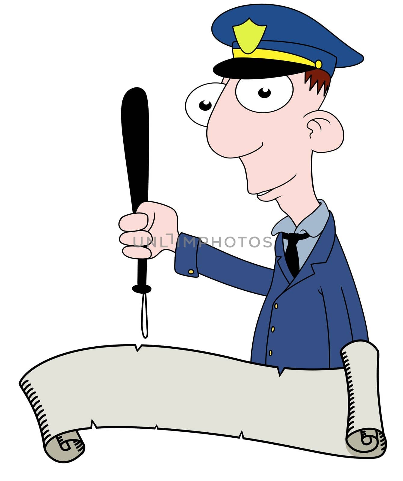 Cartoon illustration of an american policeman behind a scroll