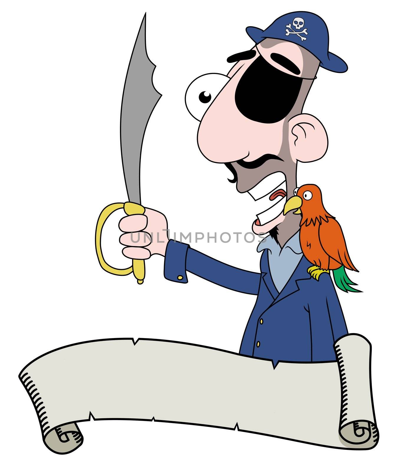 Cartoon illustration of a Pirate behind a scroll