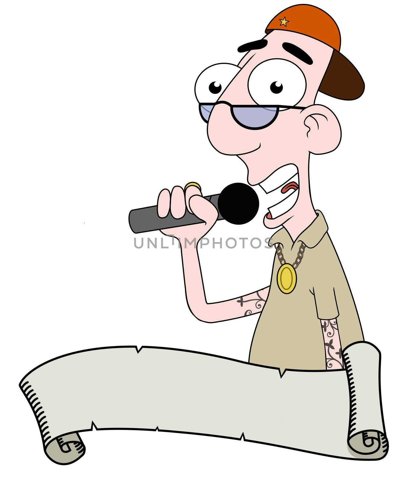 Illustrated Rap star holding a microphone behind a scroll