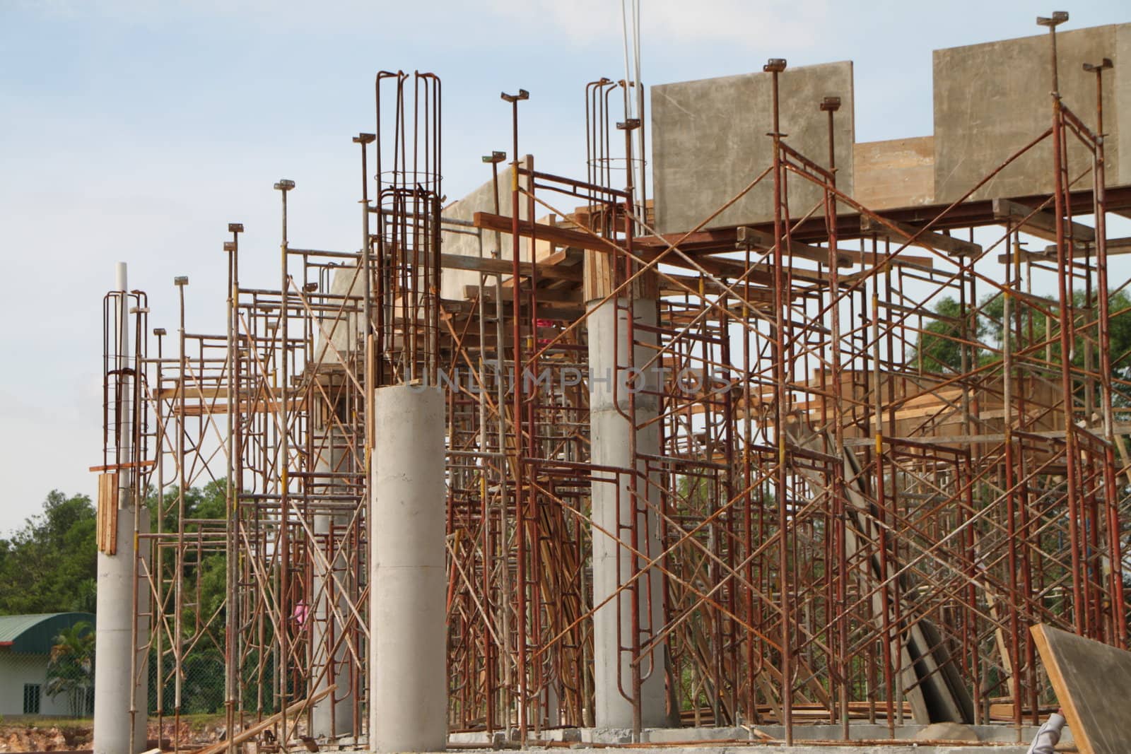 Erection of formwork and steel reinforcement for building in progress