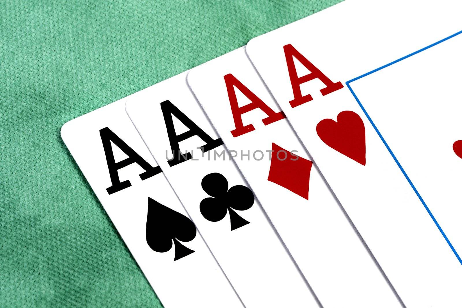 Close up view of four aces spread on a green cloth table.