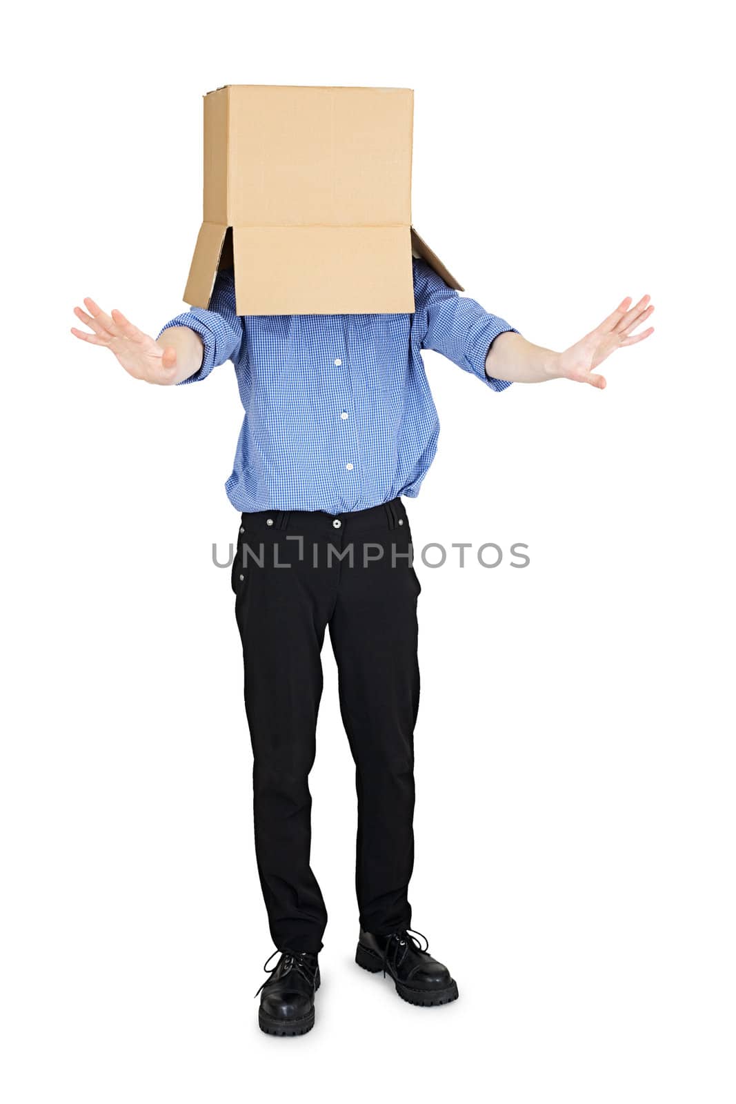 Man blinded by the box to put on his head