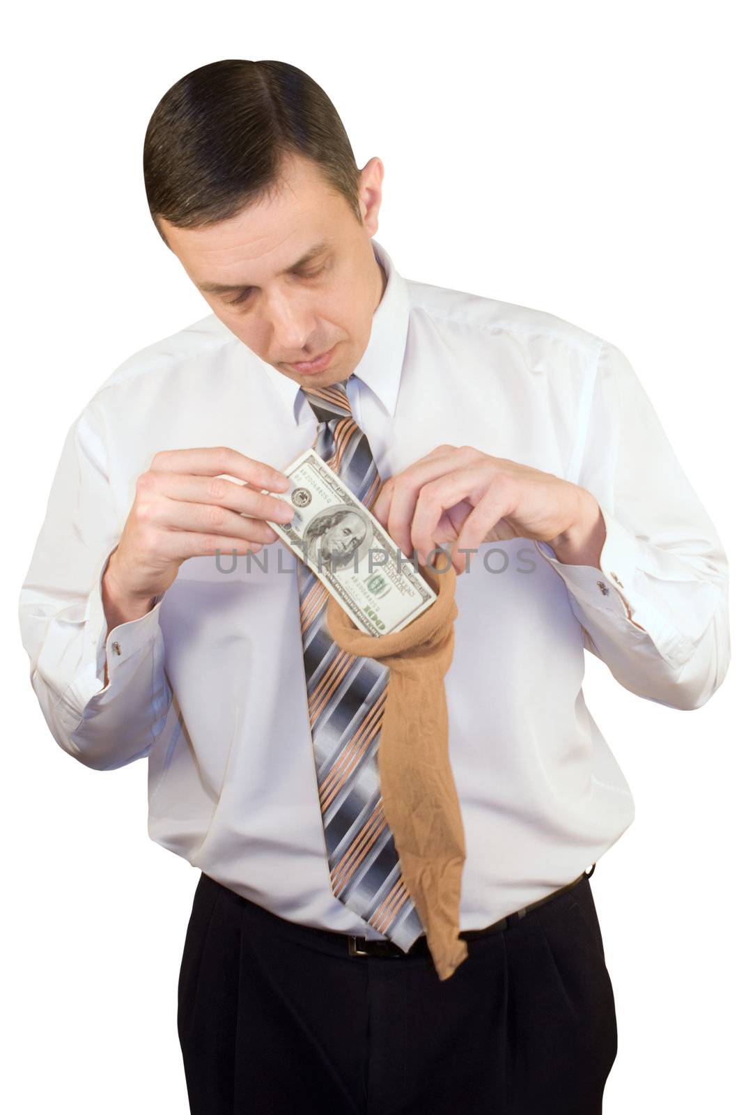 The businessman collects the earned money in a female kapron stocking