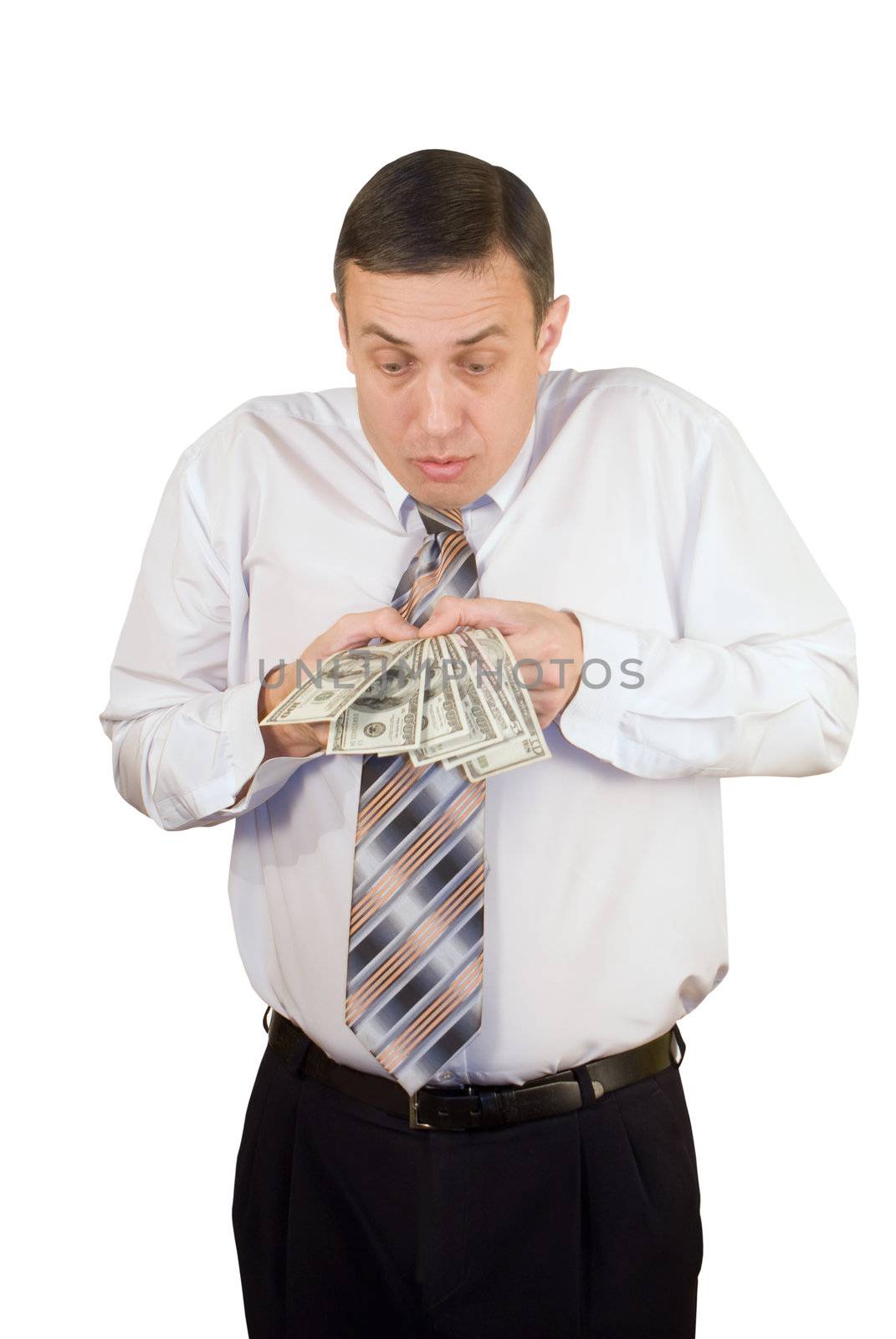 The businessman does not know what to do with the first earned money