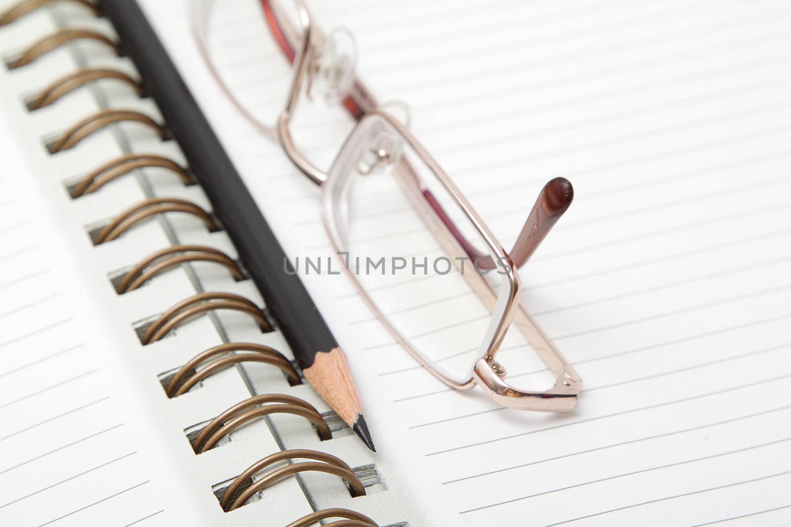 A diary, a black pencil and the reading glasses 