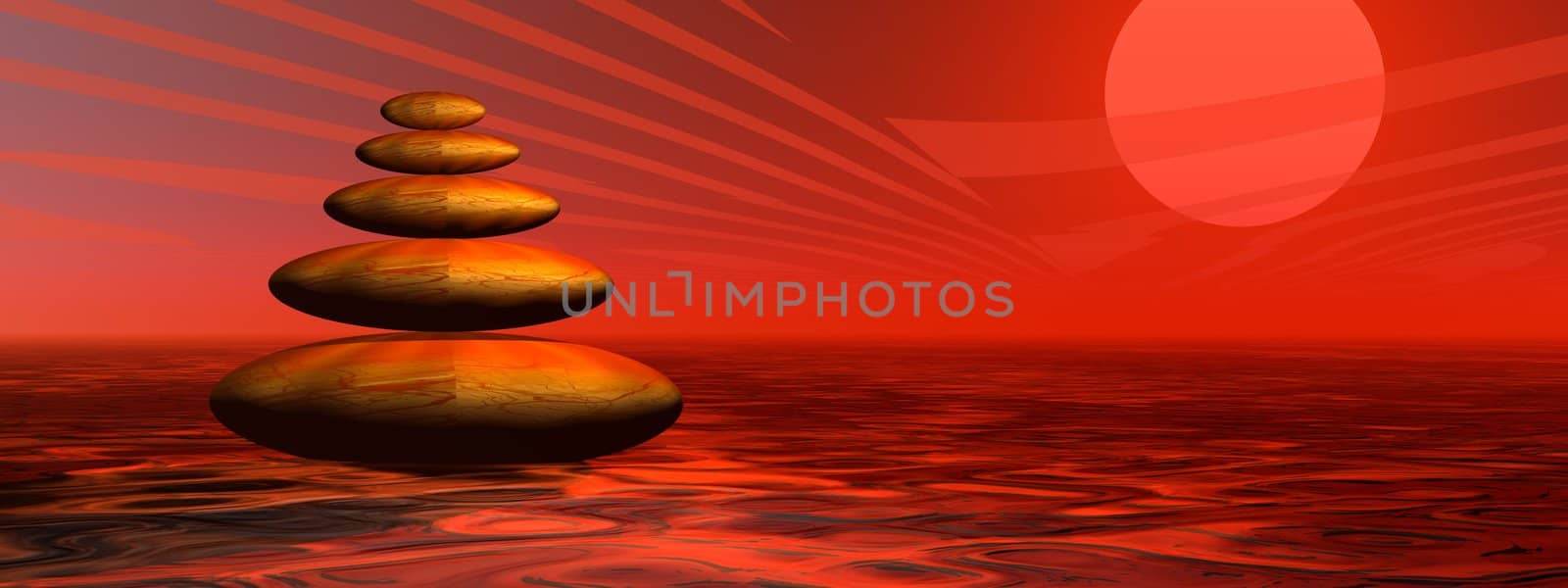 Balanced stones in the desert by colorful red sunset