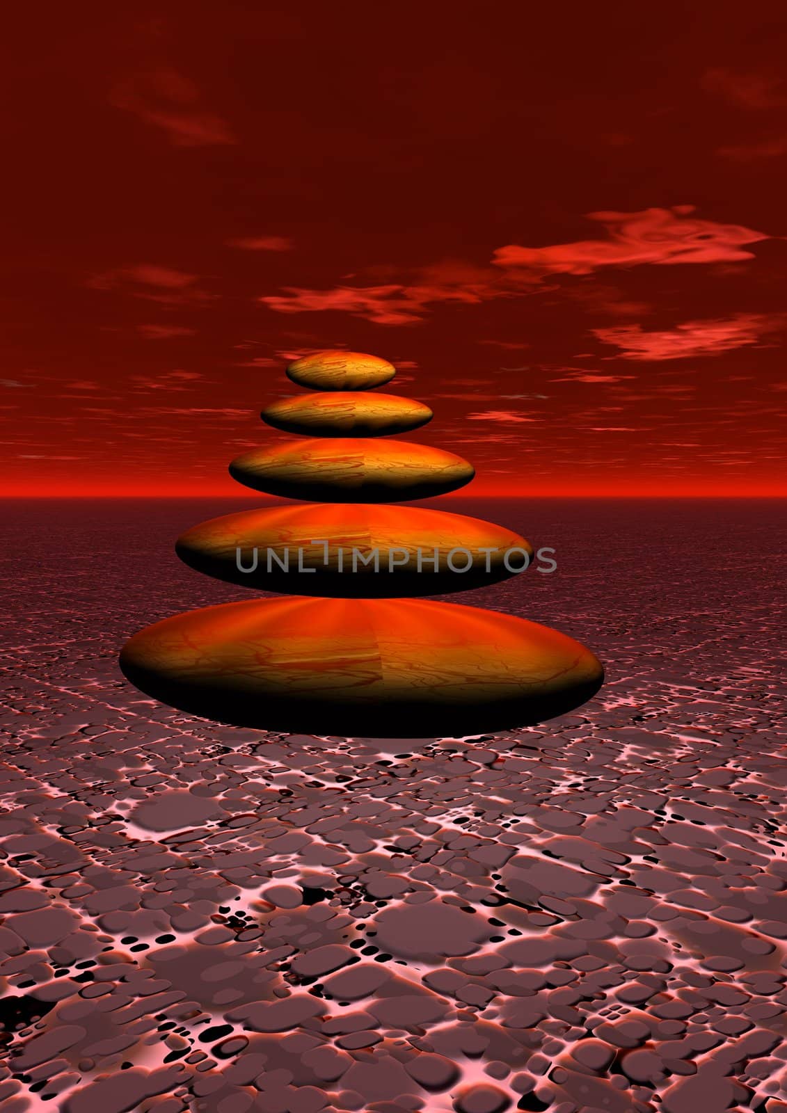 Balanced stones in the desert by cloudy sunset
