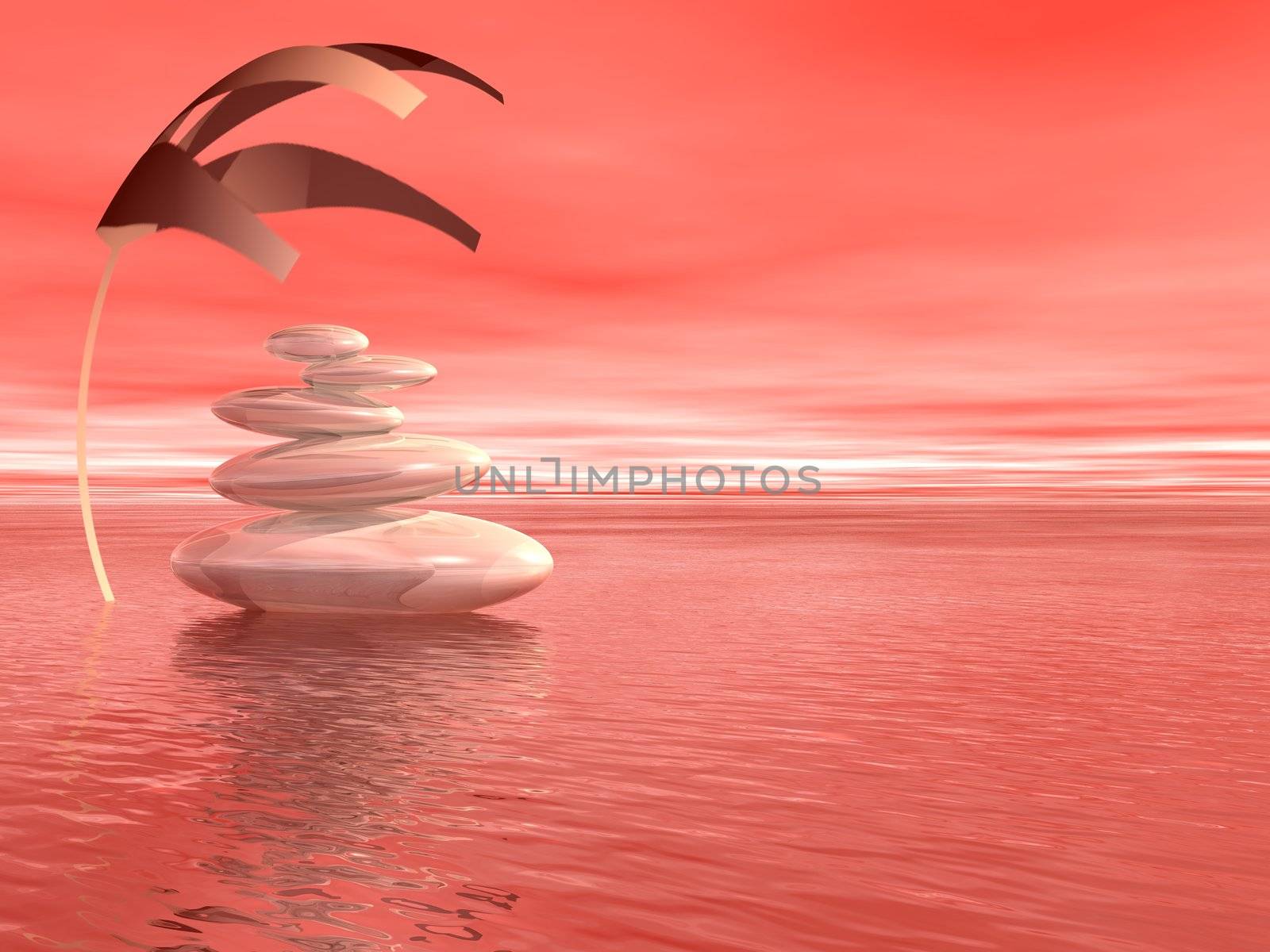 Balanced white stones upon the ocean and under a covering plant in a pink background