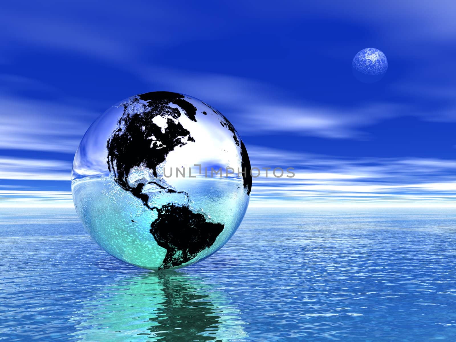 Argentic earth upon the ocean by deep blue night with moon