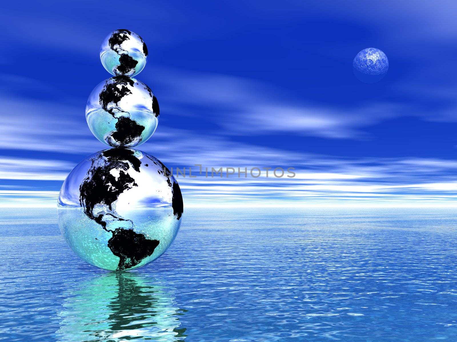 Three earth in balance upon the ocean by deep blue night with moon