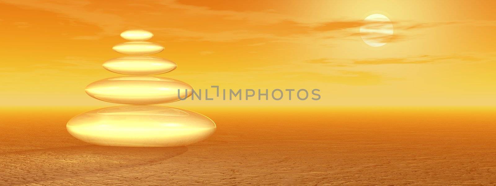 Balanced white stones upon the ocean and under a covering plant in an orange sunset background