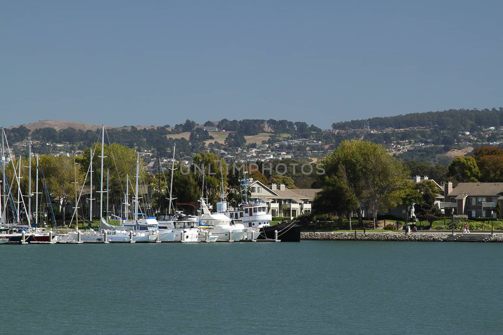 Row of sailboats on the piers and houses