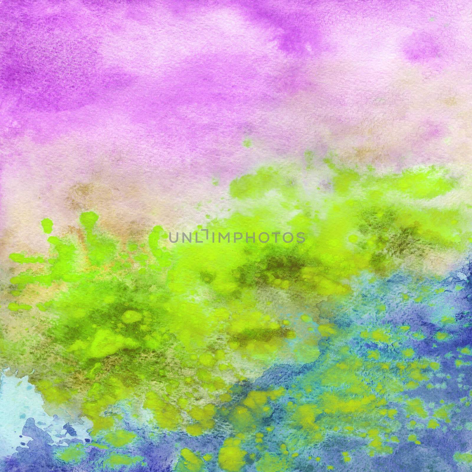 Abstract background, watercolor, hand painted on a paper. Green, violet, blue, yellow
