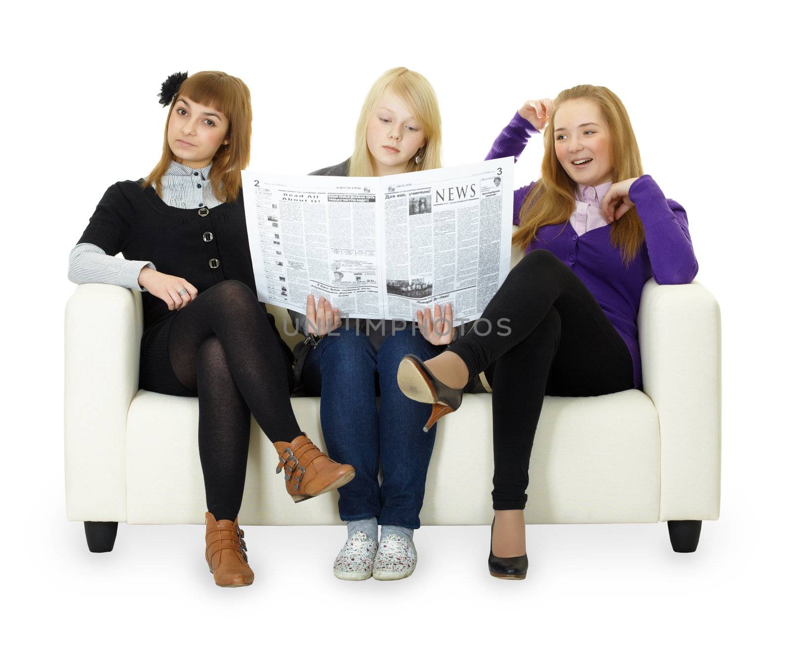 Funny girl teenagers read newspaper by pzaxe