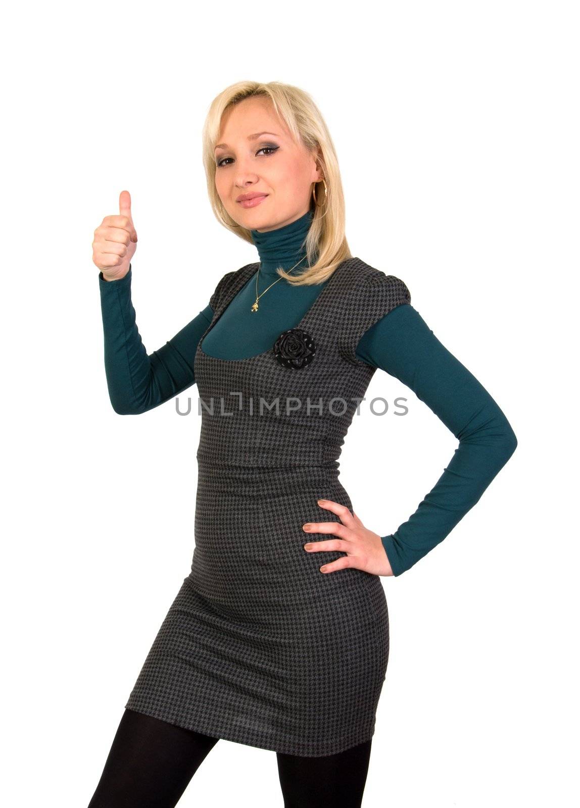 Blonde shows gesture thumbs up isolated on white background.