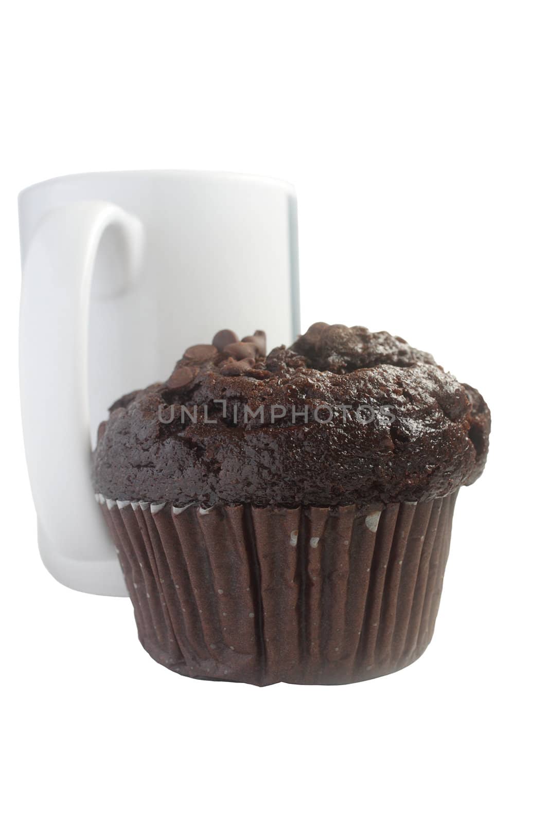 Chocolate muffin and a white cup of tea on white background