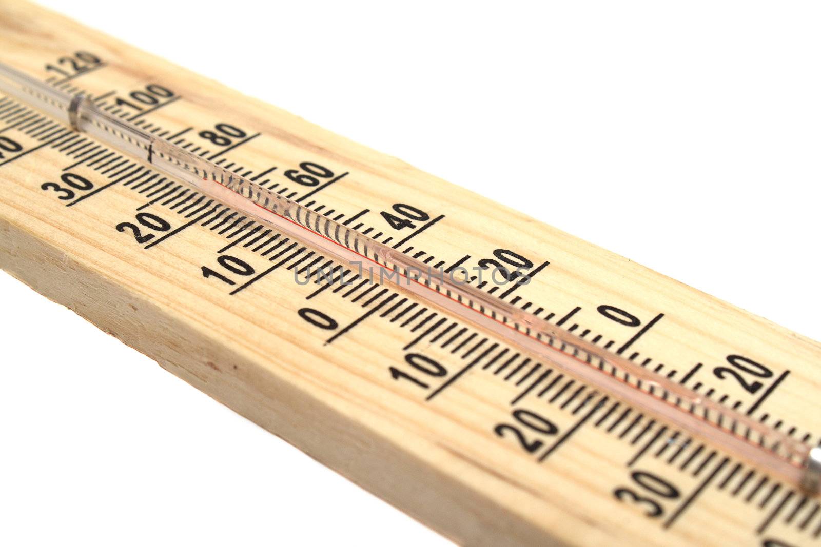 Closeup photo of wooden thermometer on white background