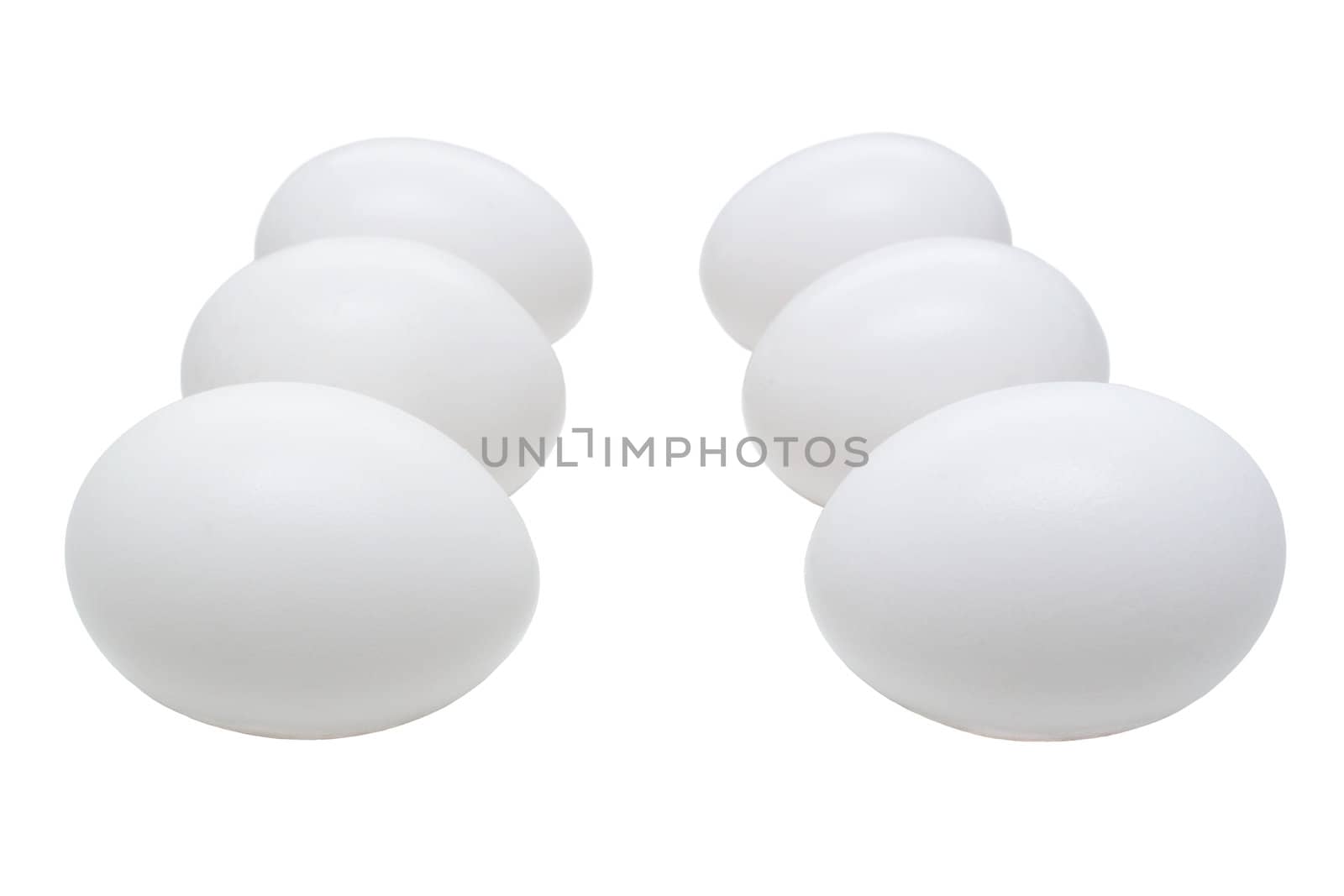 Six white eggs in two rows one agains another isolated on white background