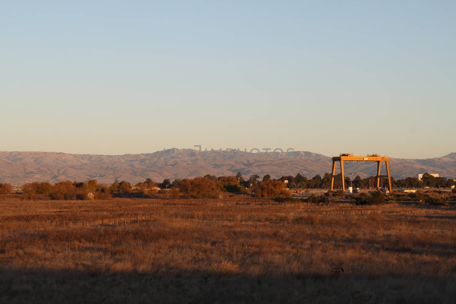 Landscape with field of withred grass and mountains on the horizon in the evening light